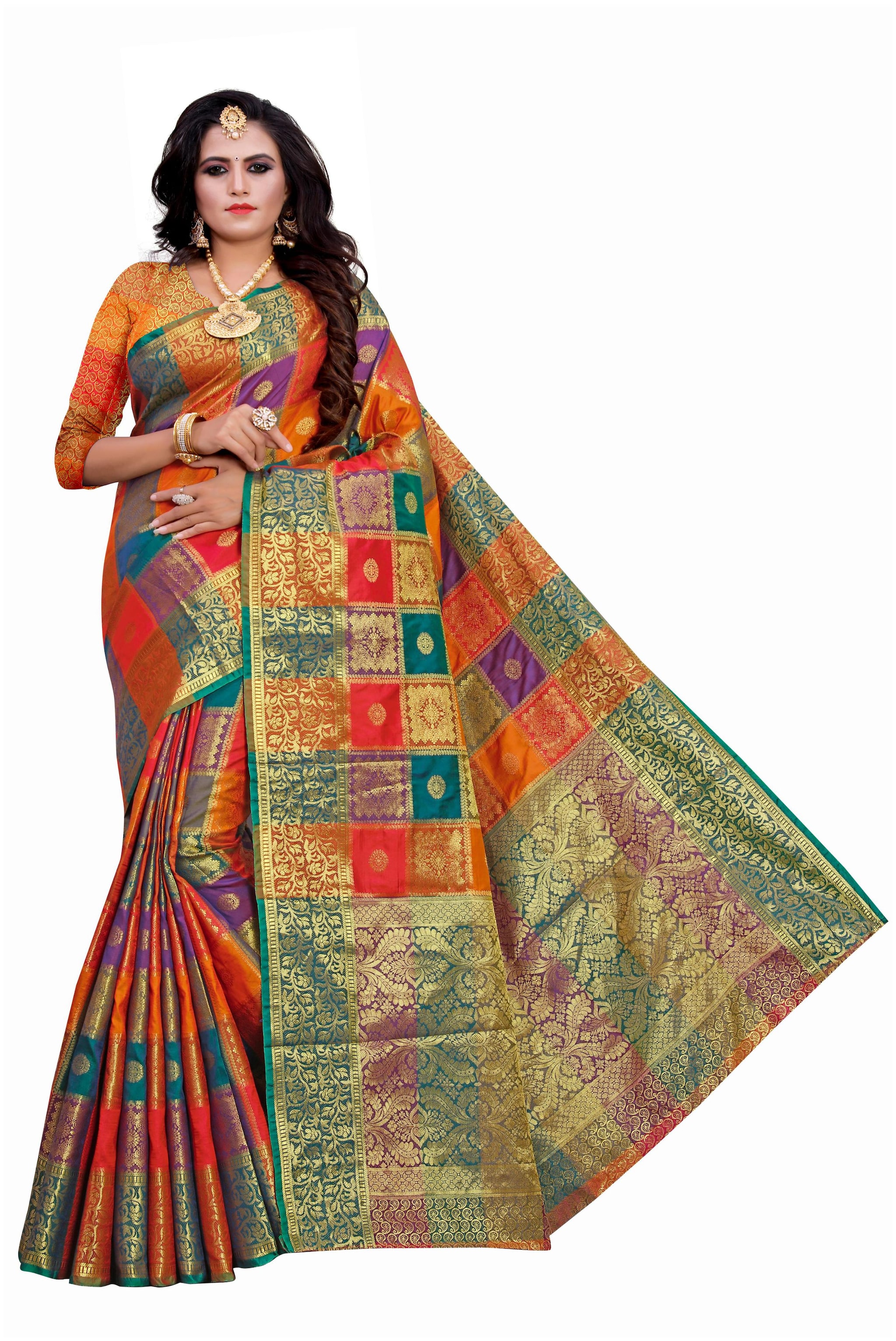 

GLAMRACK Orange Checkered Banarasi Designer Saree With Blouse With blouse