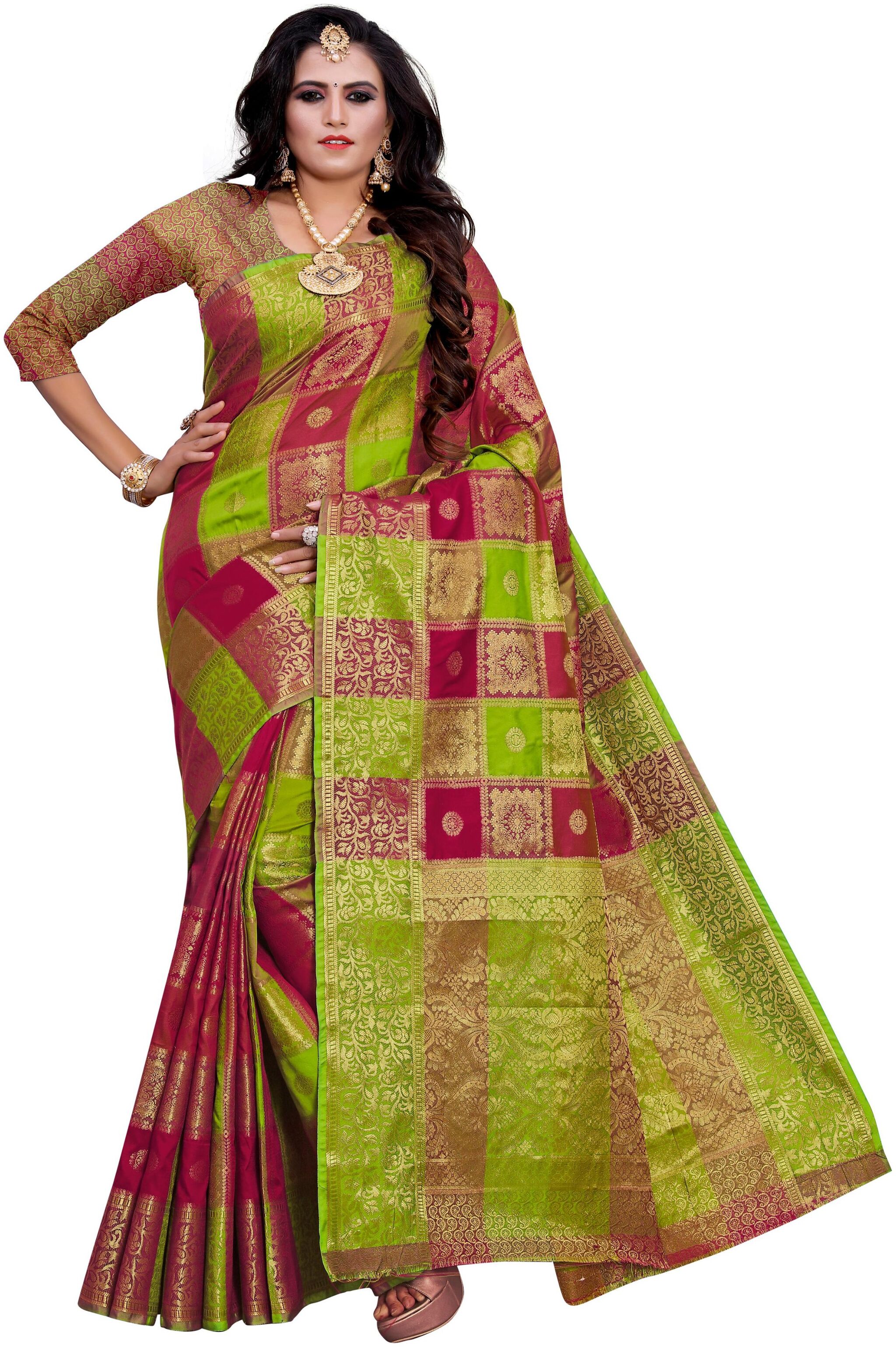 

GLAMRACK Green Checkered Banarasi Designer Saree With Blouse With blouse