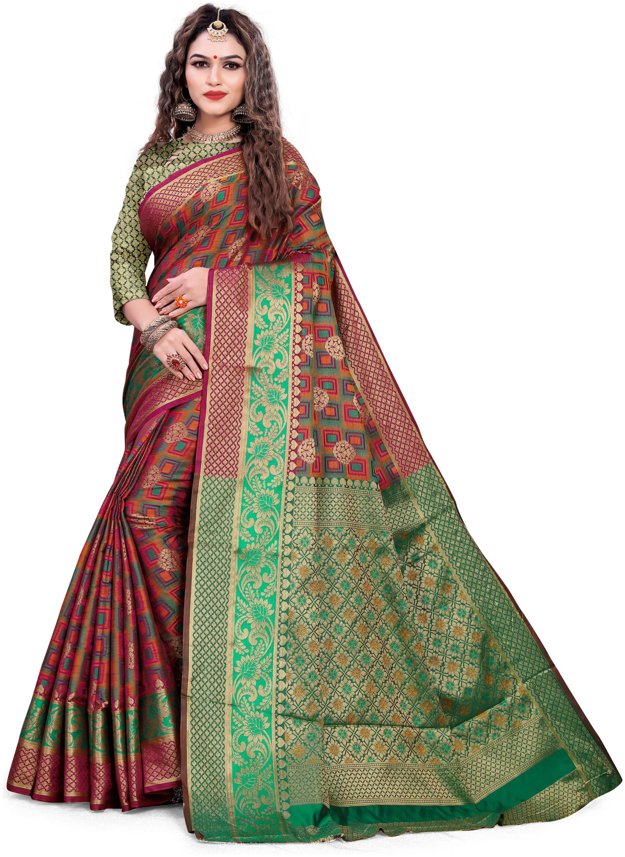 

GLAMRACK Dupion Silk Geometric Saree With Blouse For Women Color Maroon