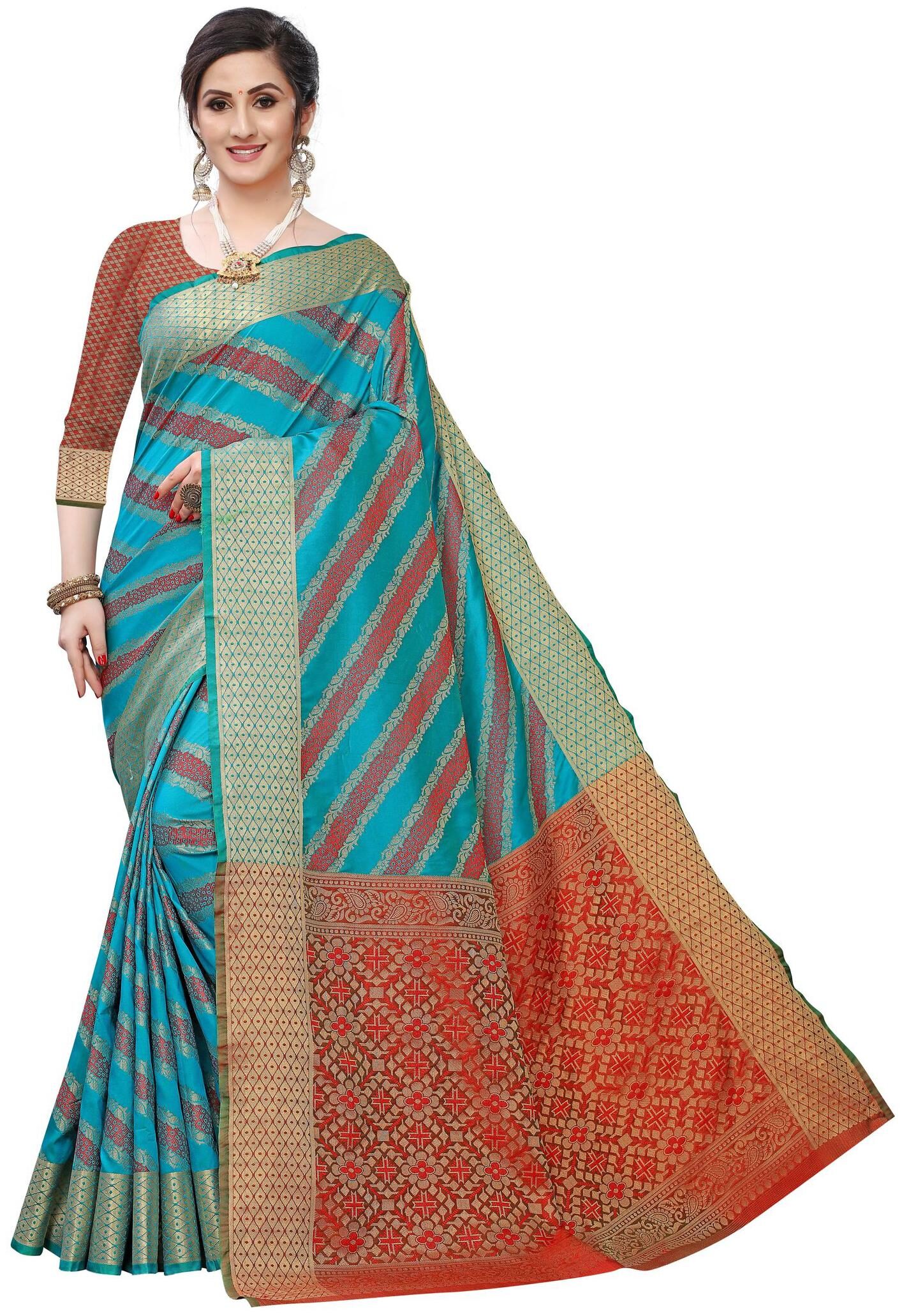 

GLAMRACK Silk Striped Blue Regular Saree For Women
