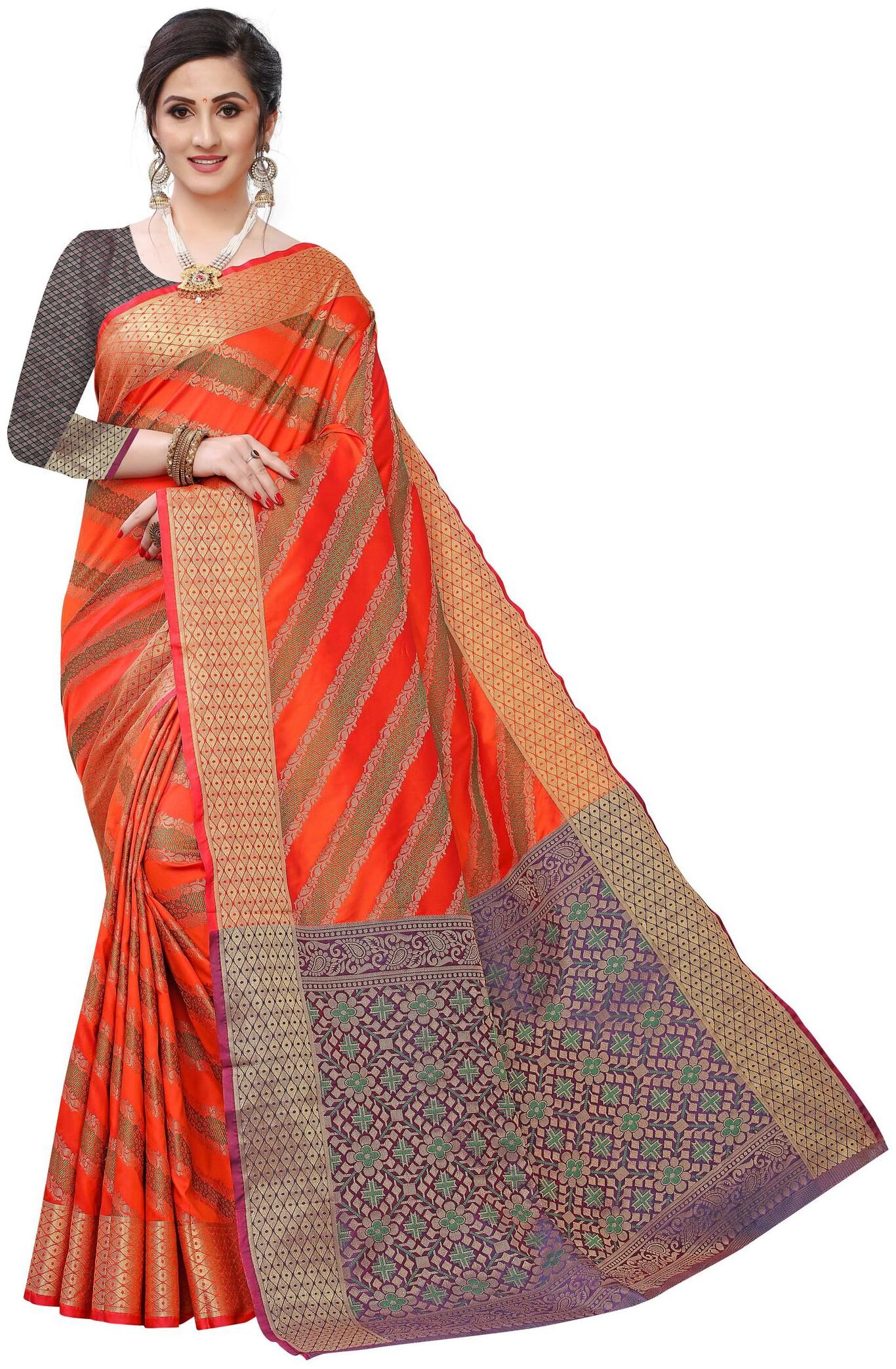 

GLAMRACK Silk Striped Red Regular Saree For Women