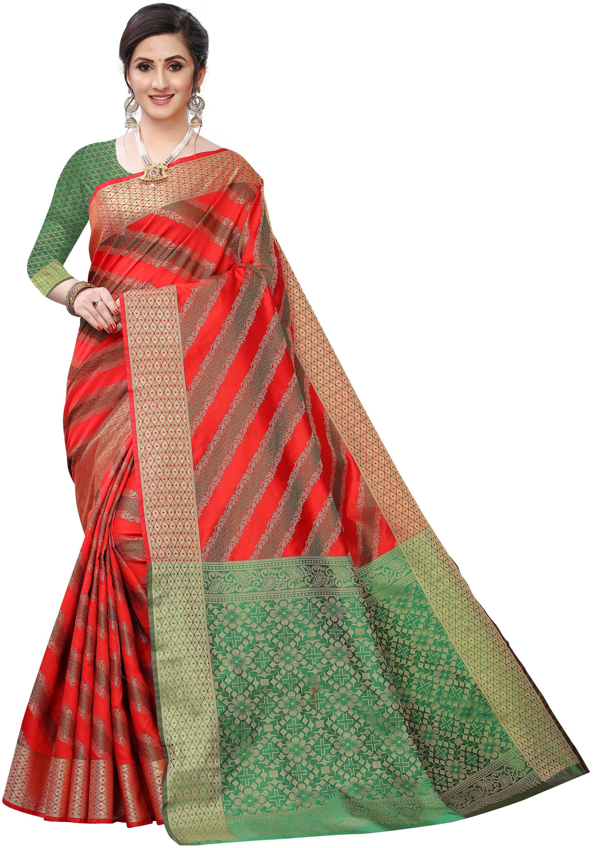 

GLAMRACK Silk Striped Red Regular Saree For Women