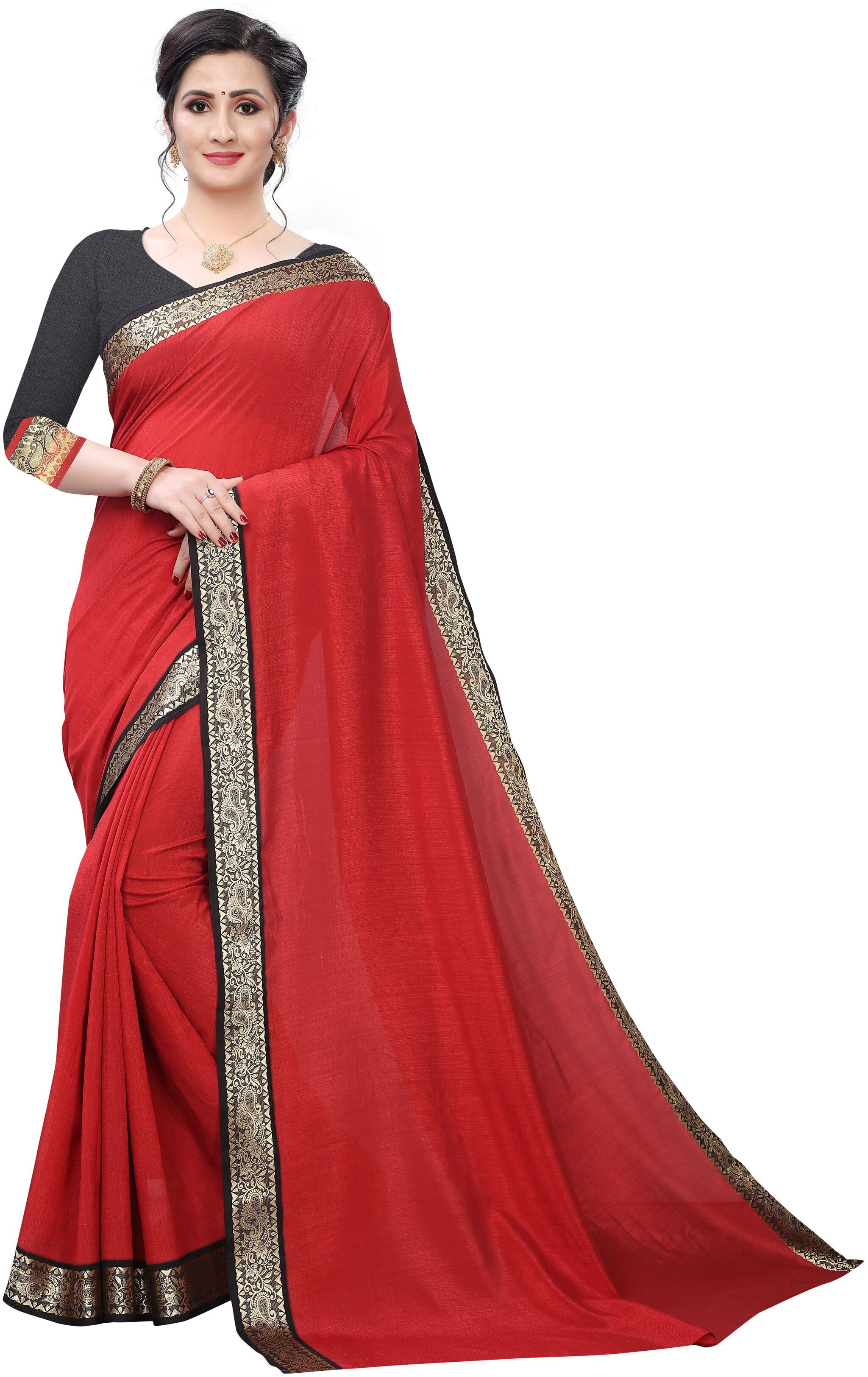 

GLAMRACK Silk Solid Red Regular Saree For Women