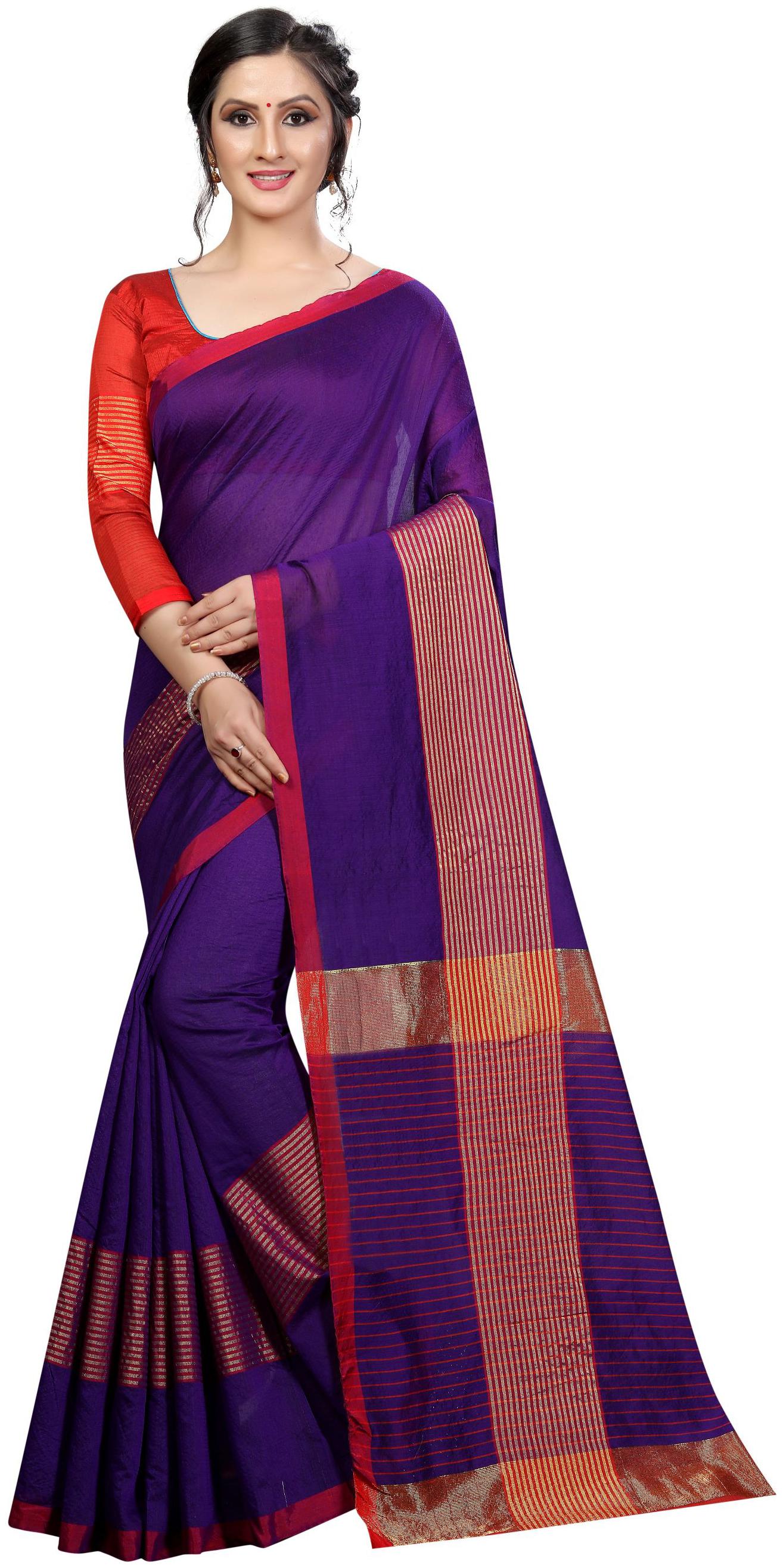 

Glamrack Solid Purple Cotton Saree With Contrast Blouse