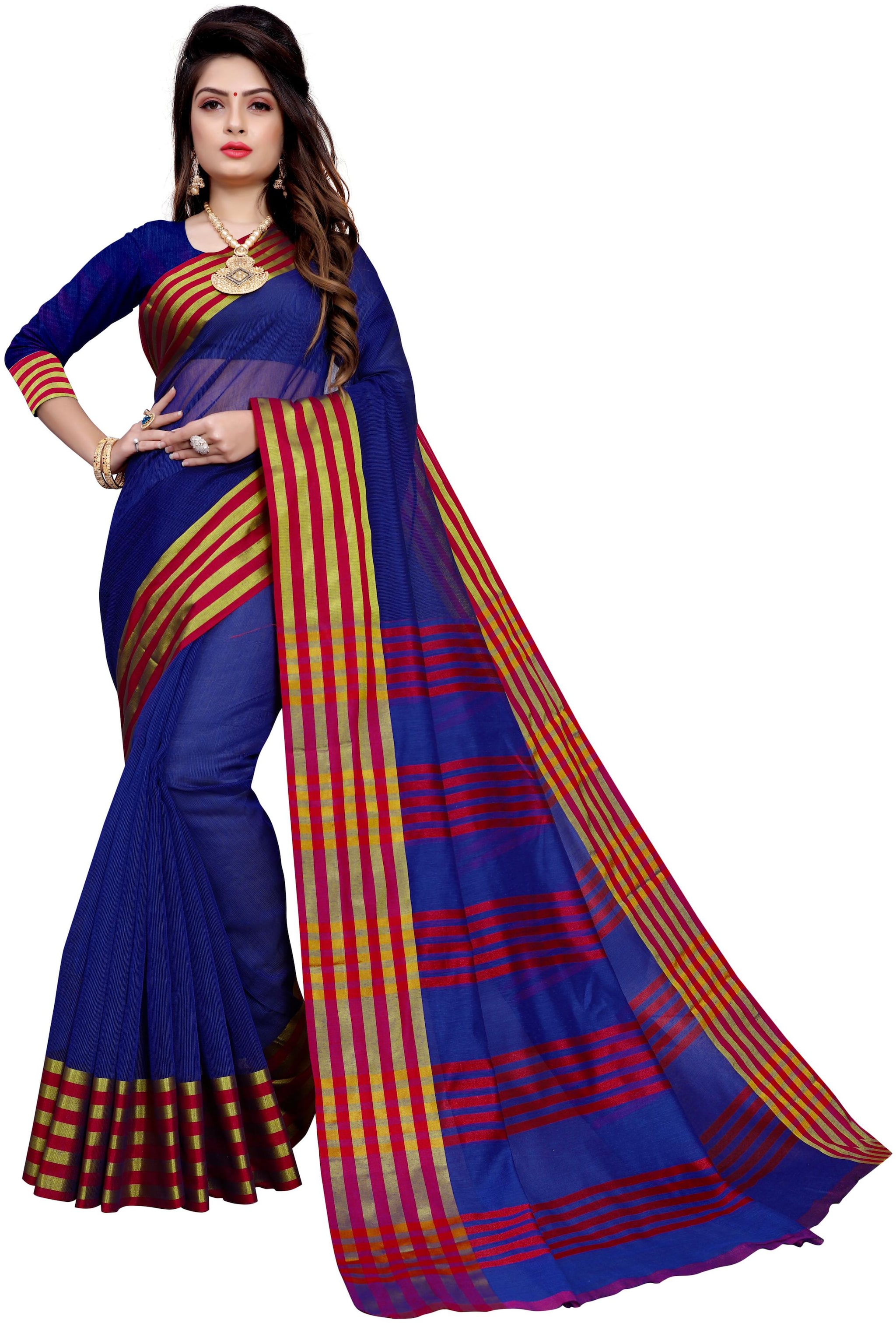 

GLAMRACK Blue Striped Universal Regular Saree With Blouse With blouse