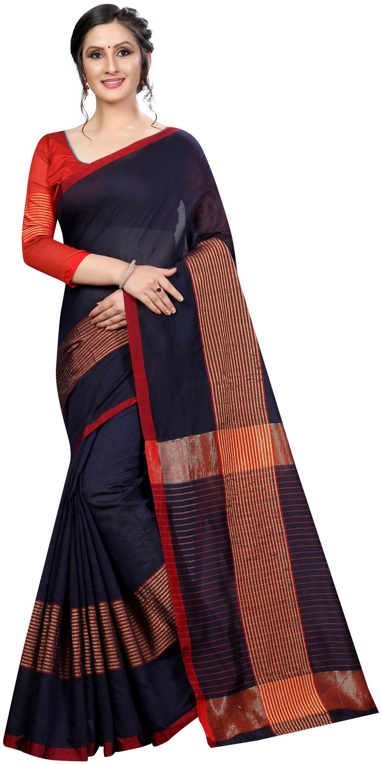 

Glamrack Solid Blue Cotton Saree With Contrast Blouse