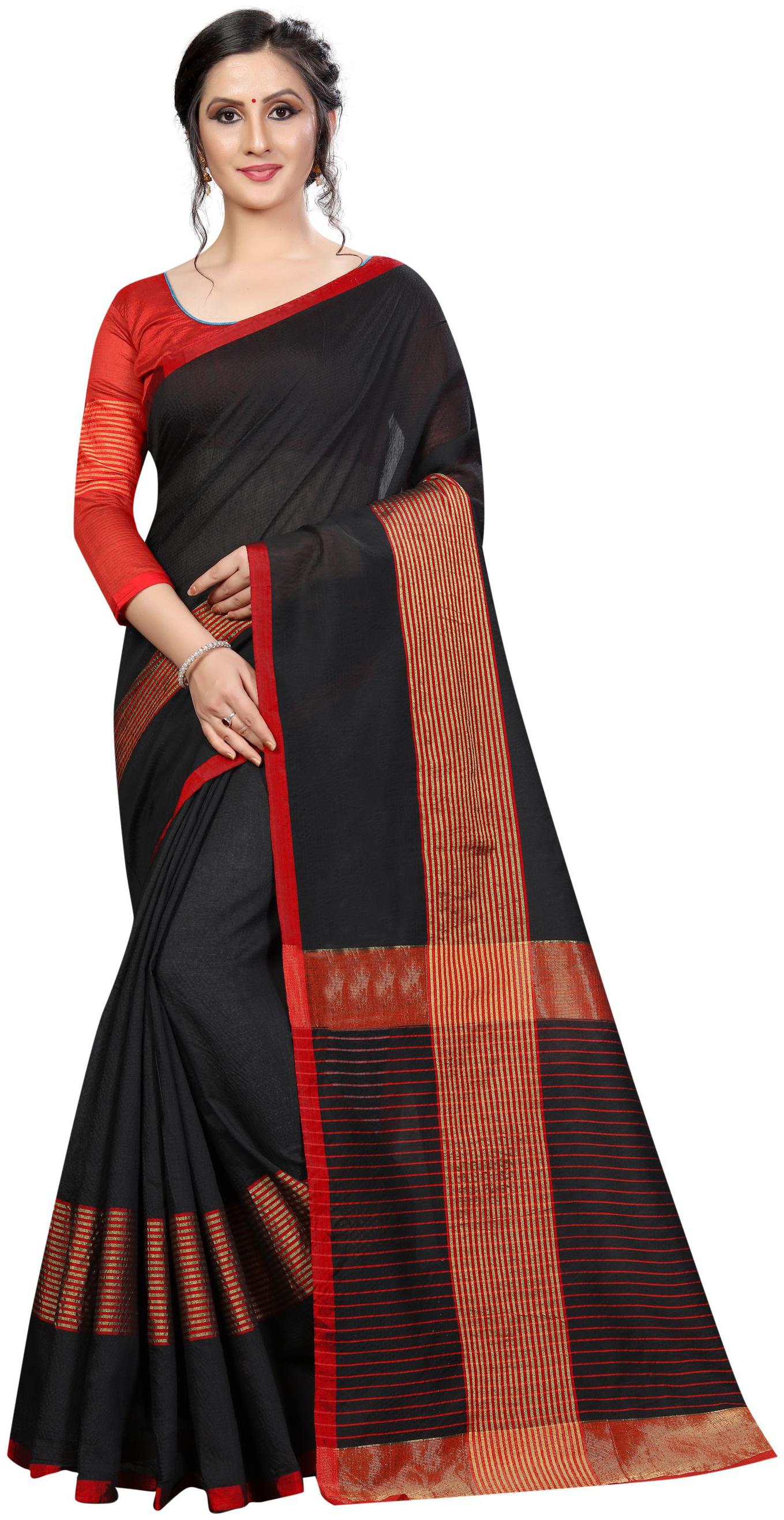 

Glamrack Solid Black Cotton Saree With Contrast Blouse