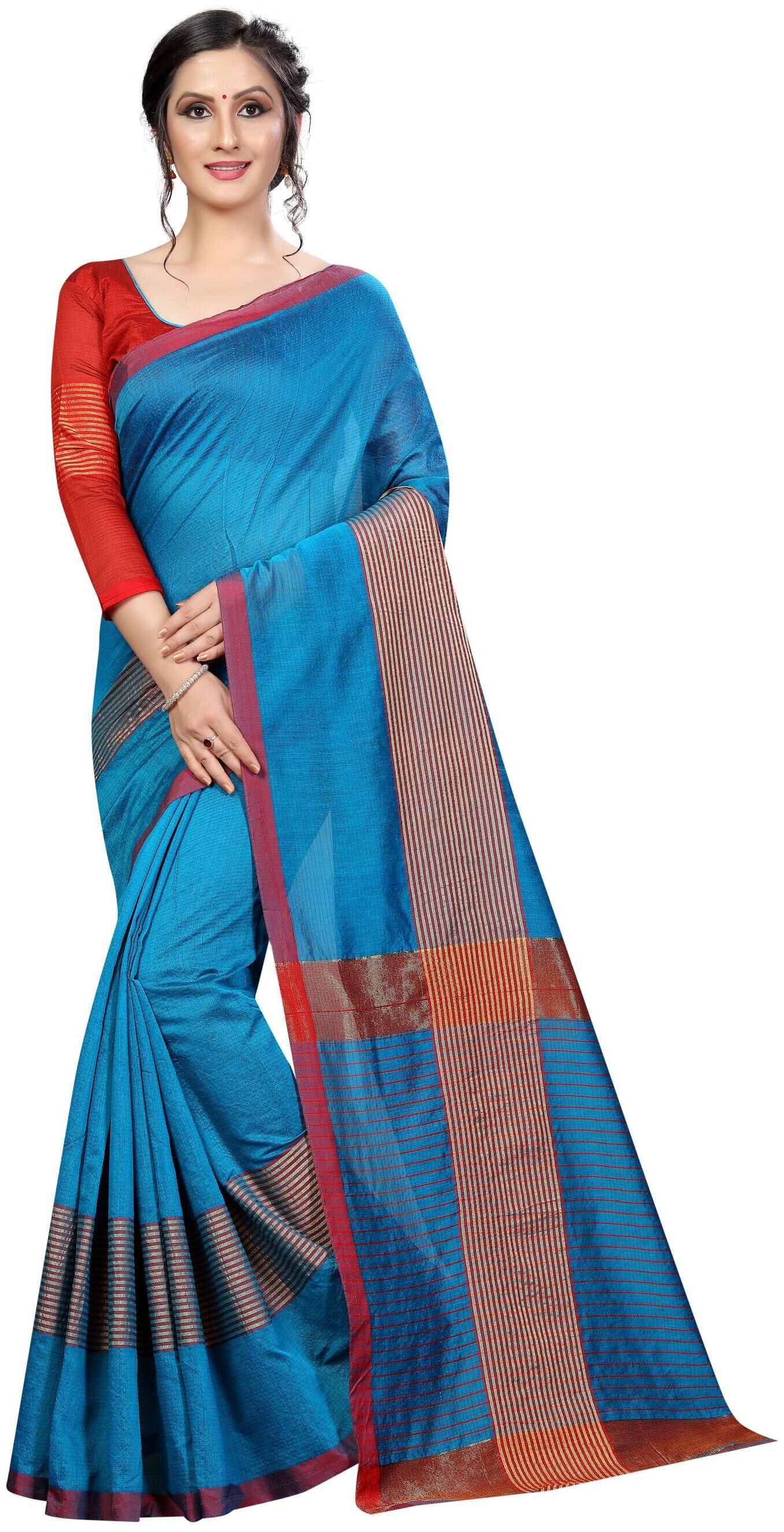 

Glamrack Solid Turquoise Cotton Saree With Contrast Blouse
