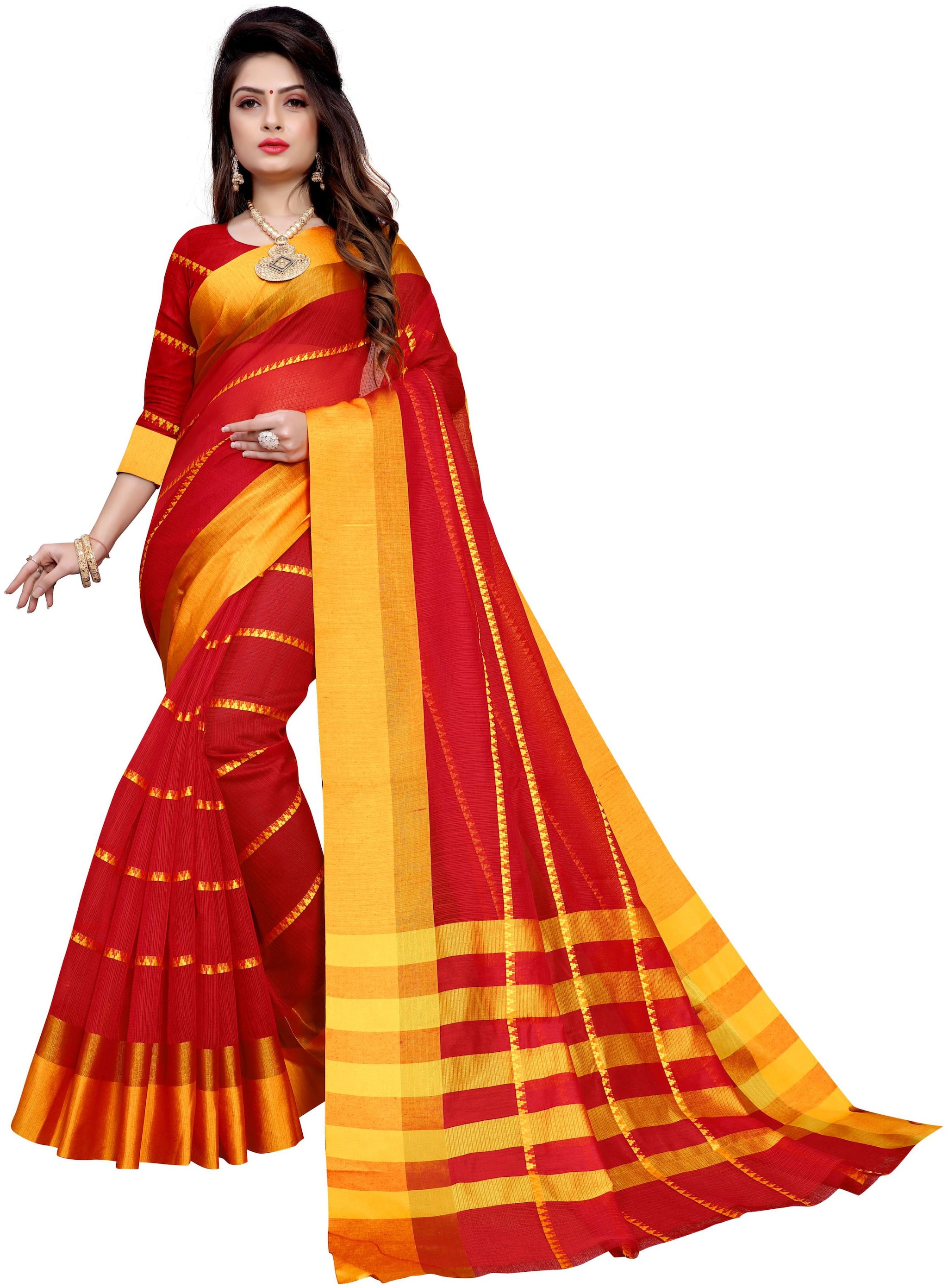 

GLAMRACK Red Striped Universal Regular Saree With Blouse With blouse