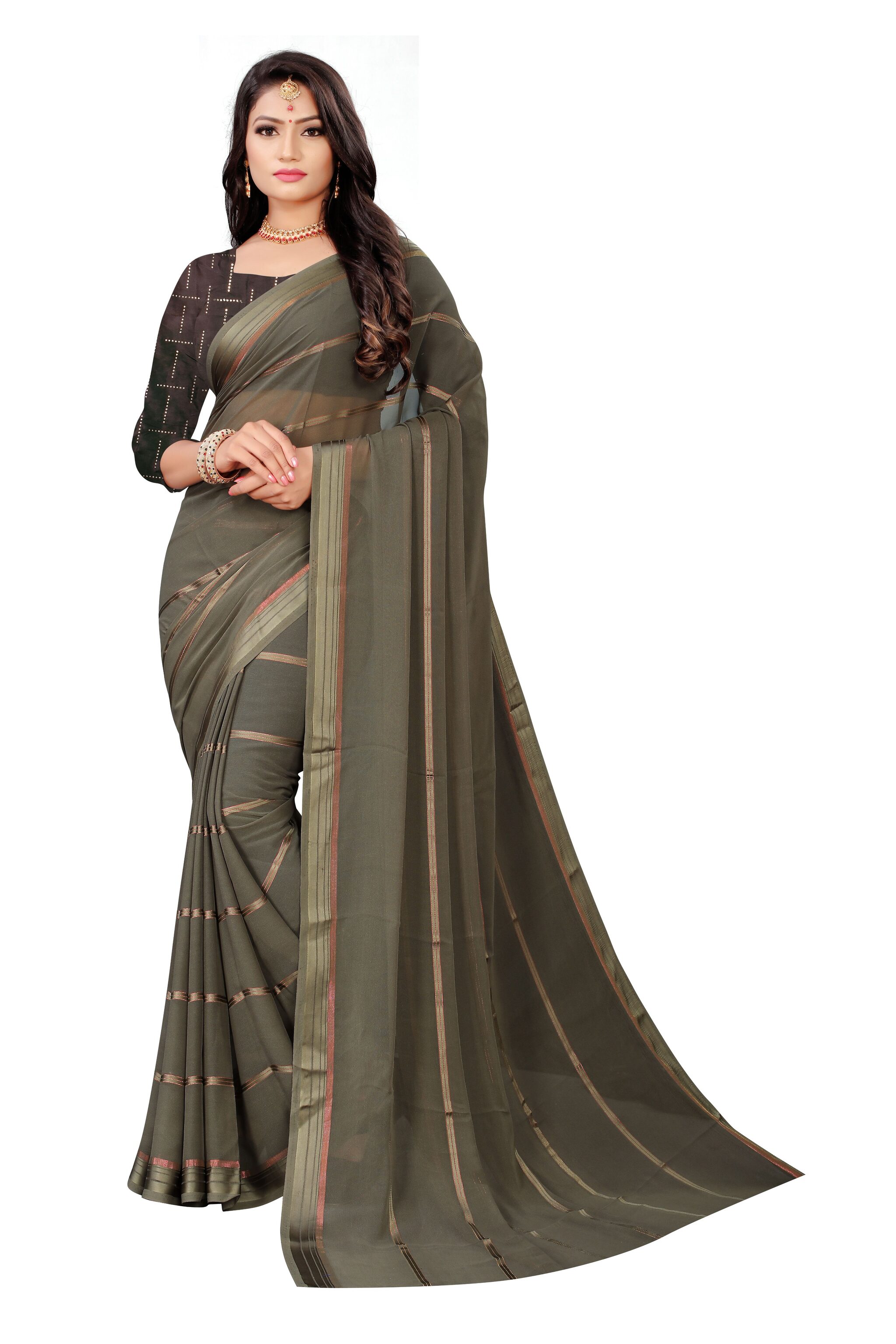 

GLAMRACK Women Georgette Striped Grey Regular SareeWith Blouse
