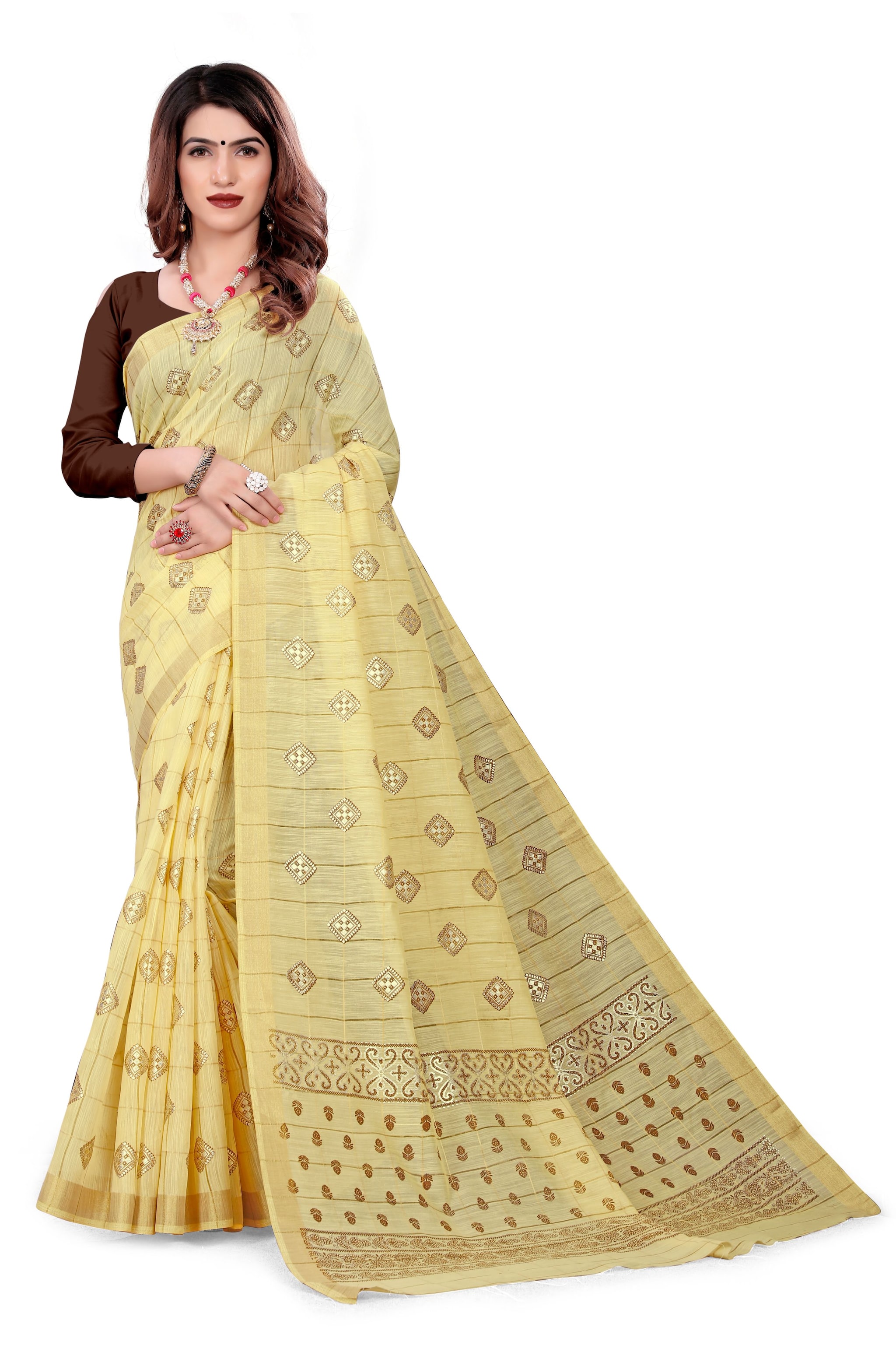 

GLAMRACK Women Cotton Blend Checkered Yellow Regular SareeWith Blouse