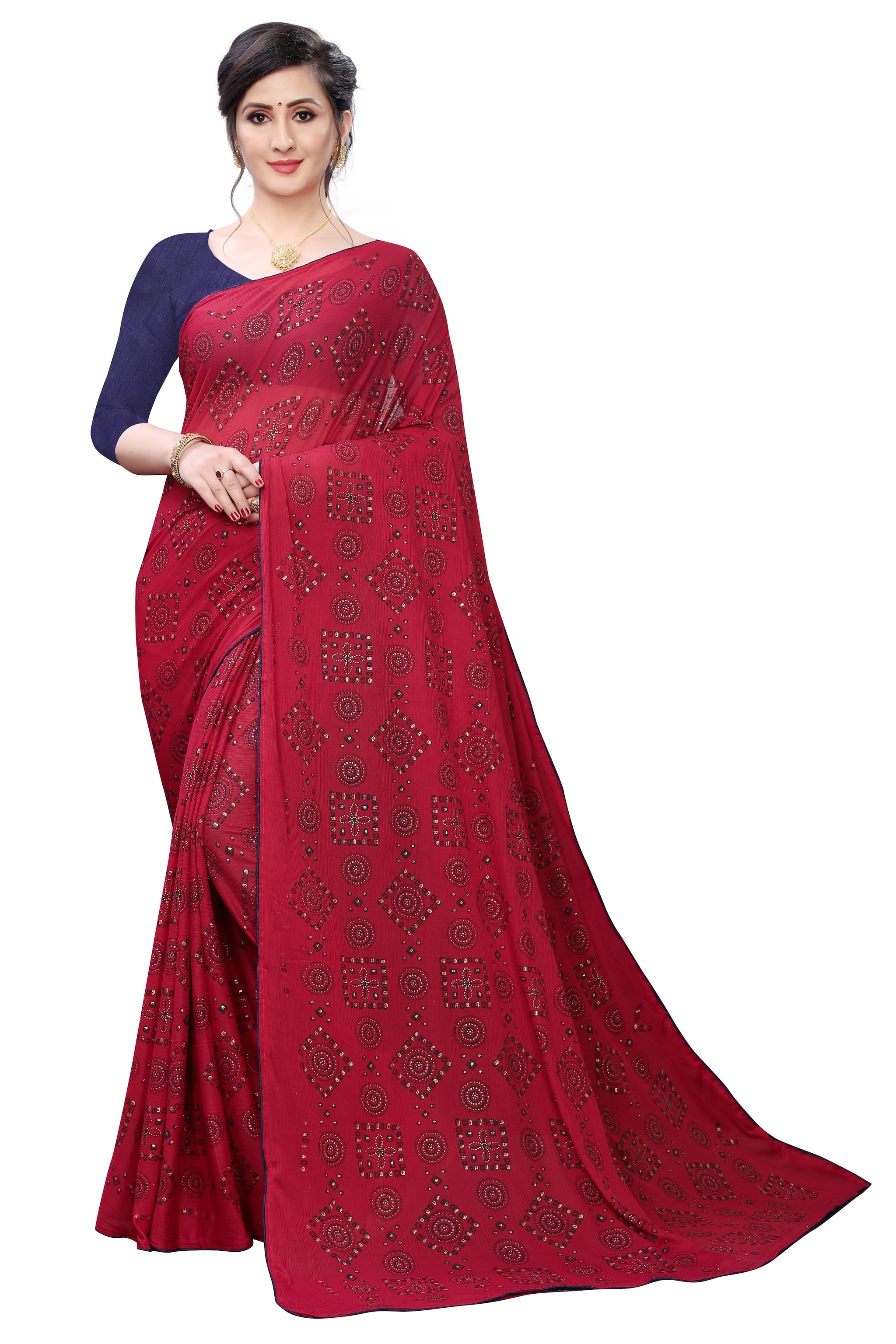 

GLAMRACK Women Lycra Printed Red Regular SareeWith Blouse