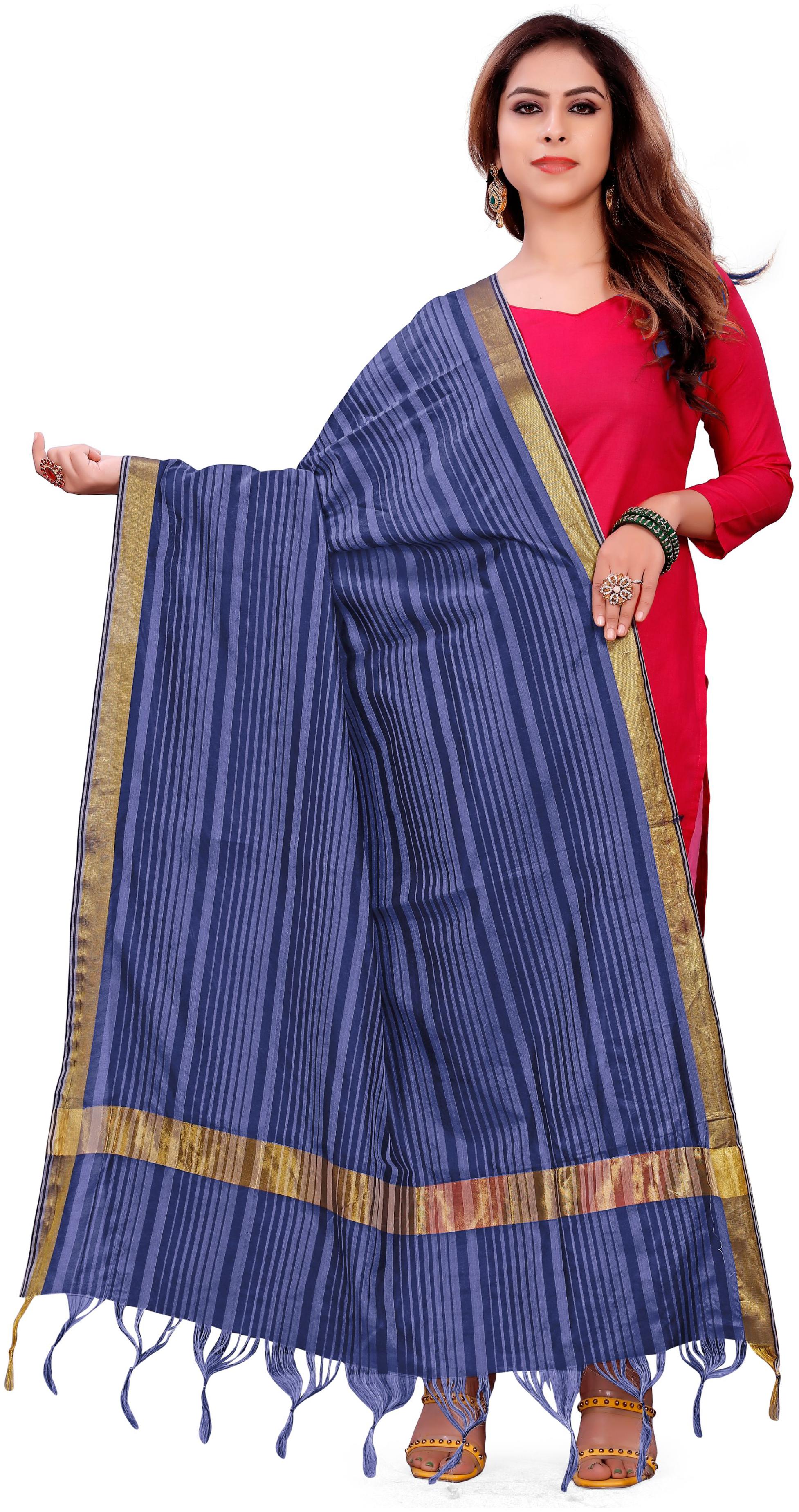 

GLAMRACK Women Silk Striped Blue Dupatta