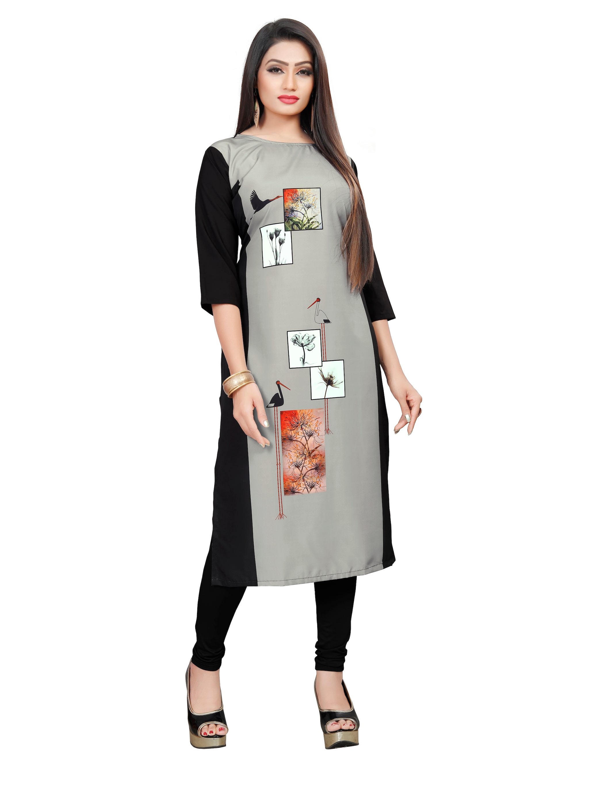 

GLOBON IMPEX Women Grey Floral Straight Kurti