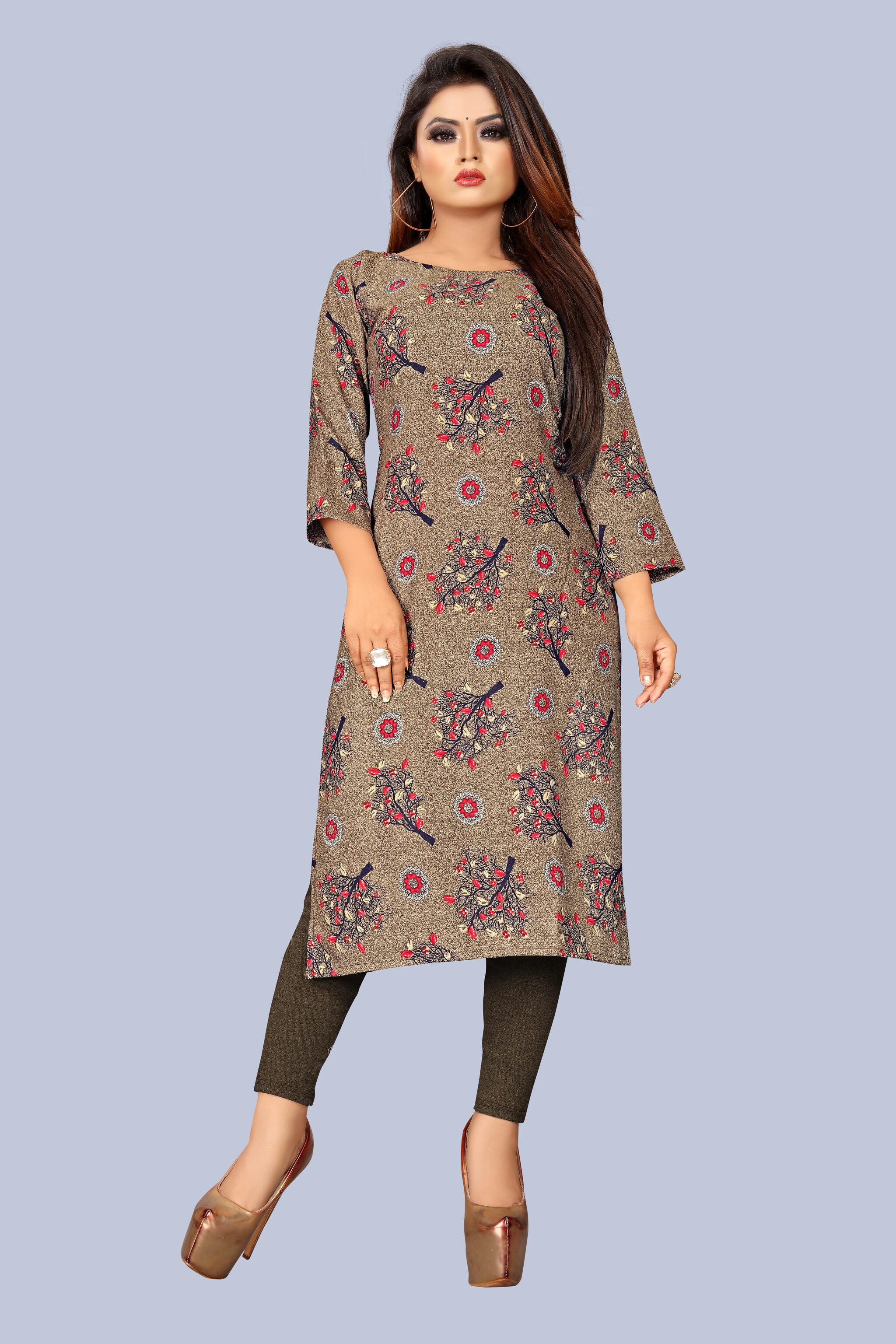 

GLOBON IMPEX Women Brown Floral Regular Kurti