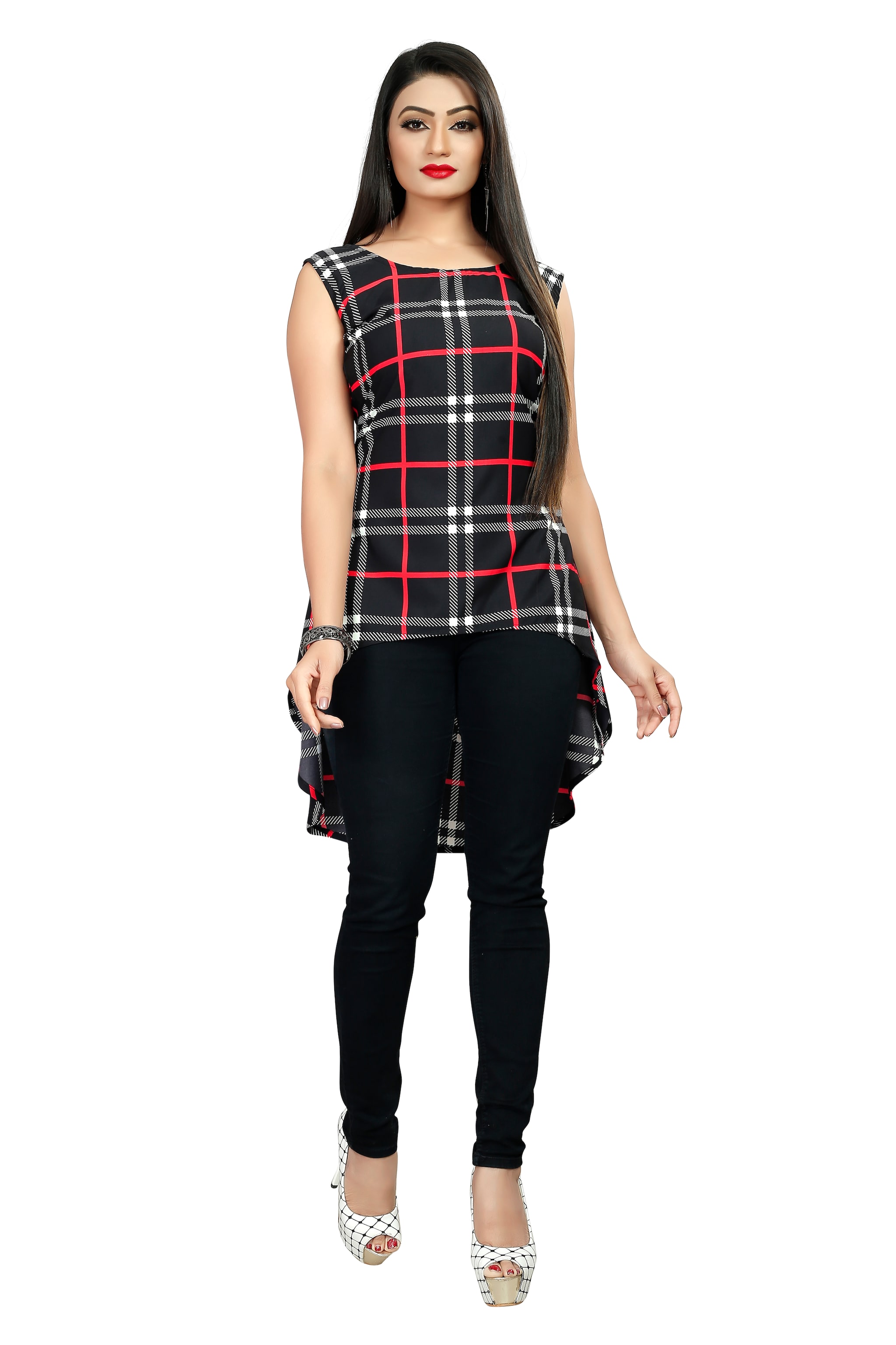 

GLOBON IMPEX Crepe Checked Black Color Top for Women