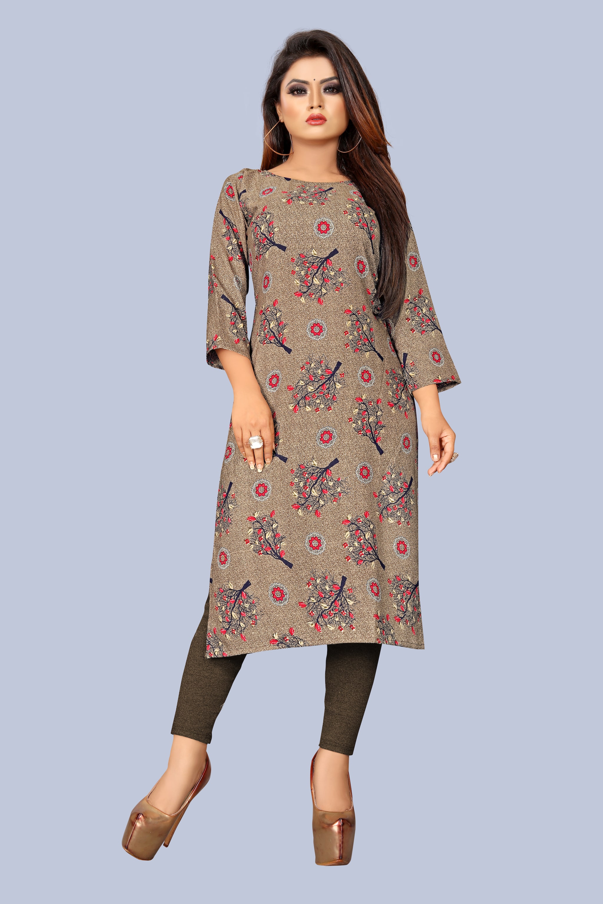 

GLOBON IMPEX Women Brown Floral Regular Kurti