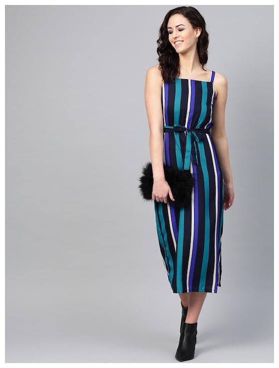 

GLOBON IMPEX Crepe Multi Striped A Line Dress For Women