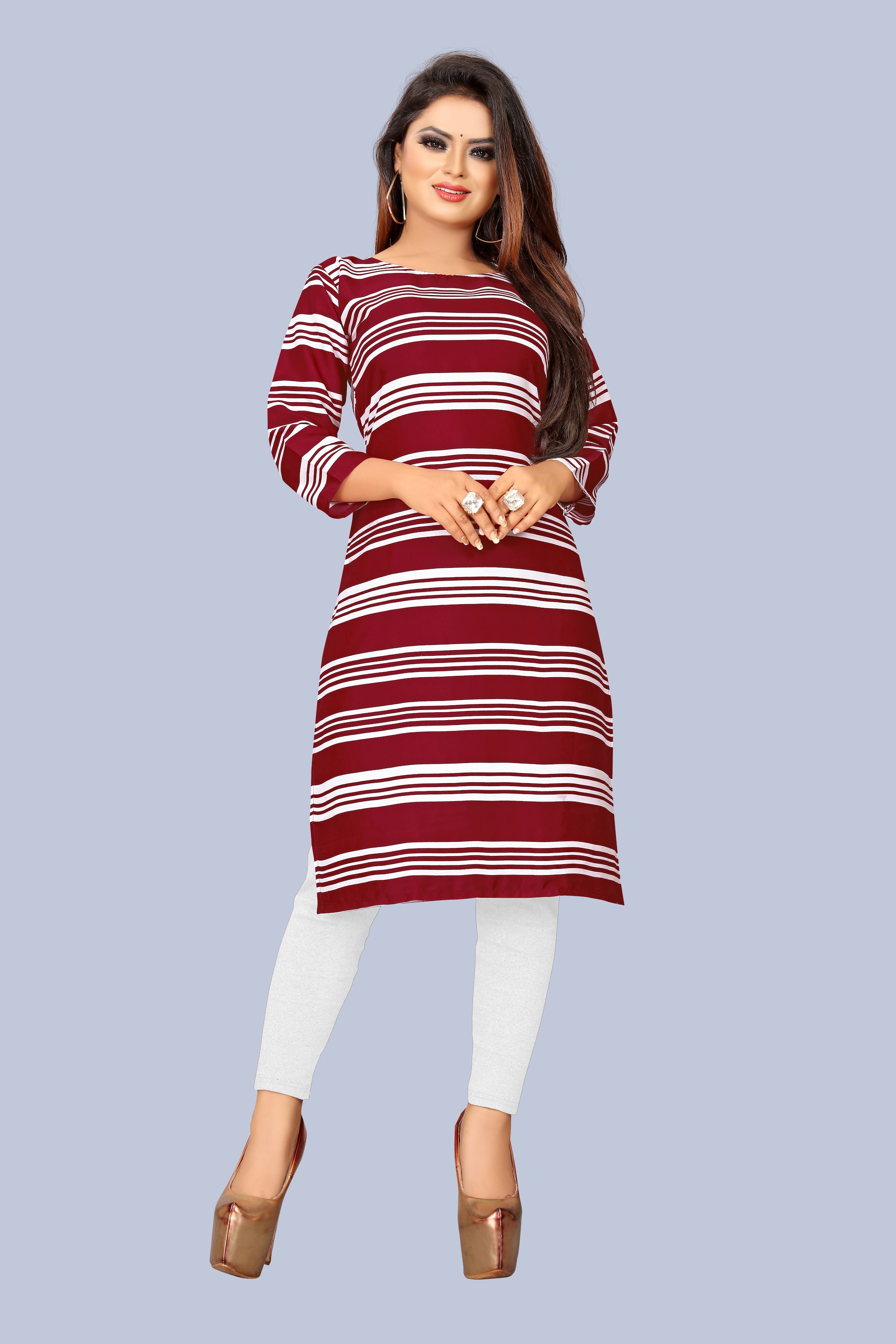 

GLOBON IMPEX Women Red White Striped Regular Kurti