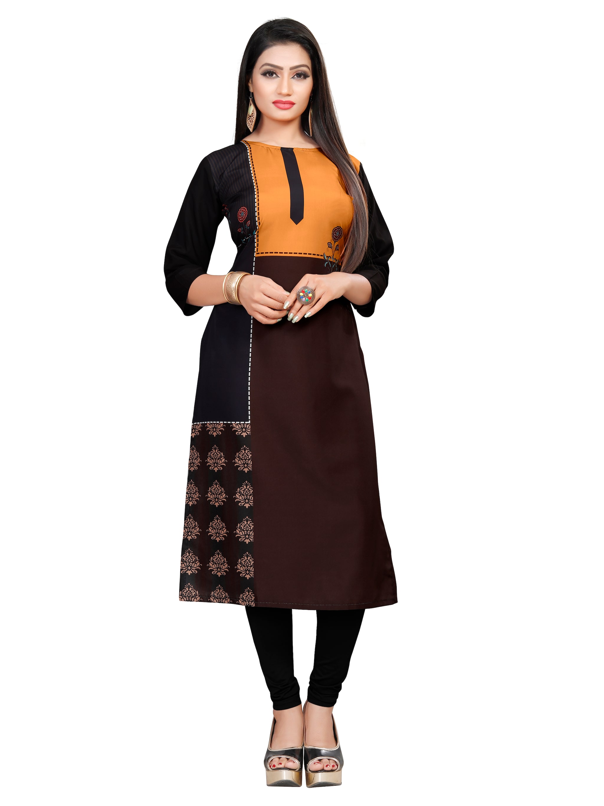 

GLOBON IMPEX Women Brown Floral Straight Kurti