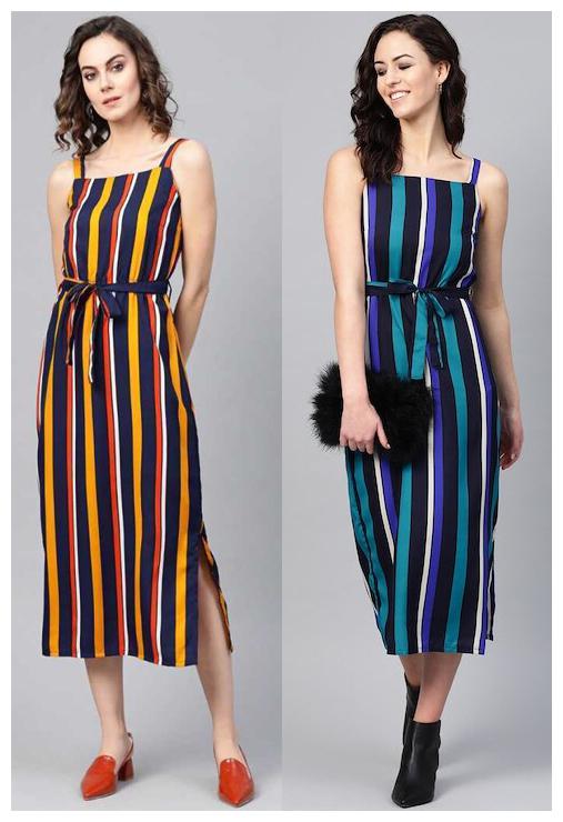 

GLOBON IMPEX Women Crepe Striped Multi A Line Dress