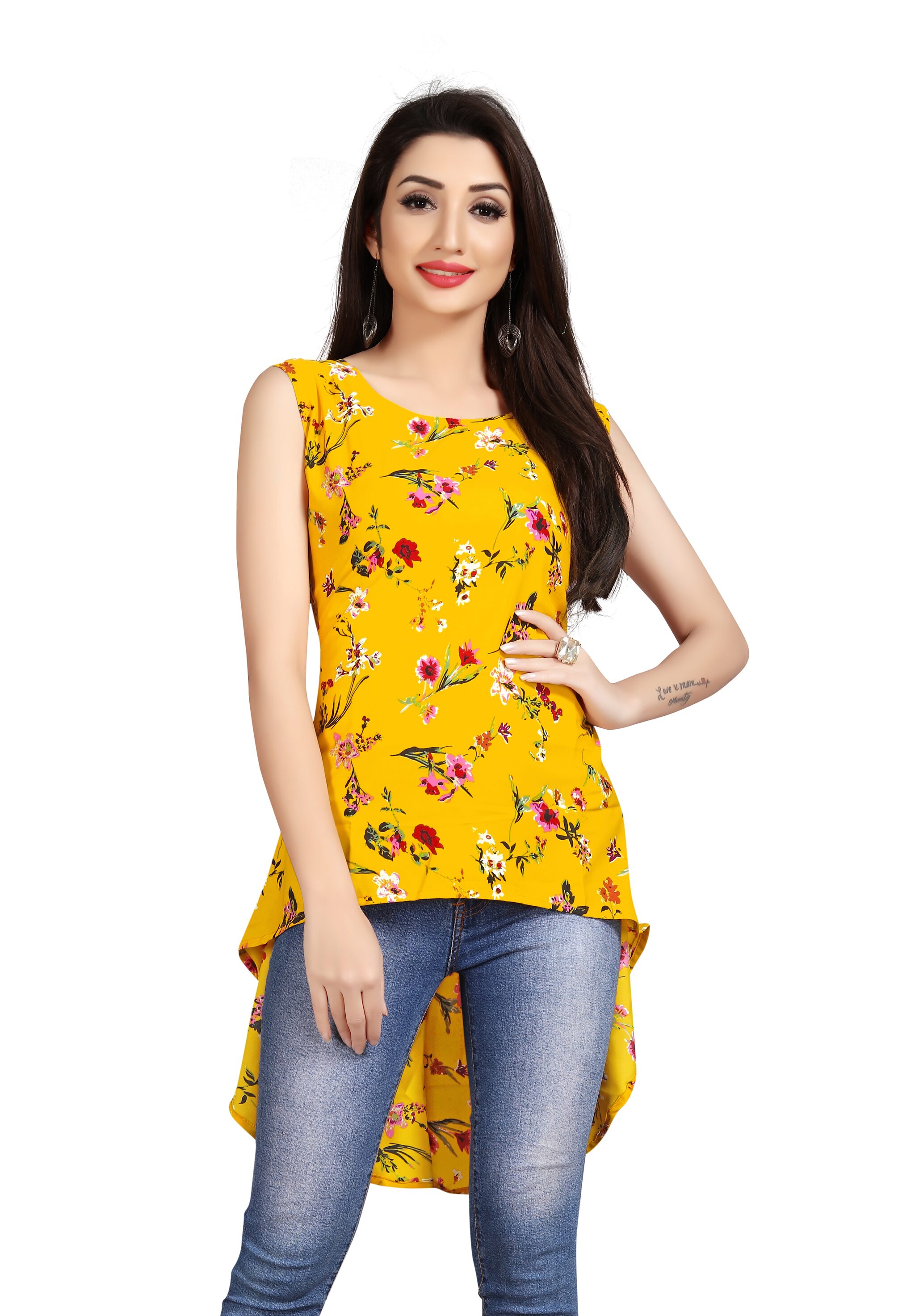 

GLOBON IMPEX Crepe Floral Yellow Color Top for Women