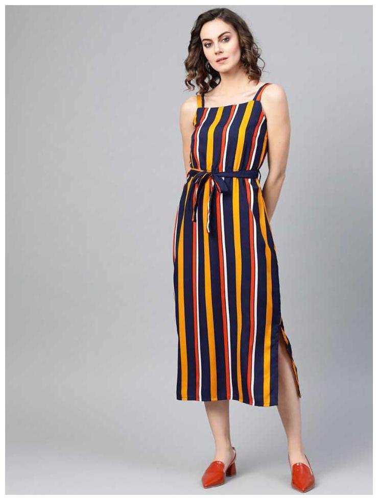 

GLOBON IMPEX Crepe Multi Striped A Line Dress For Women