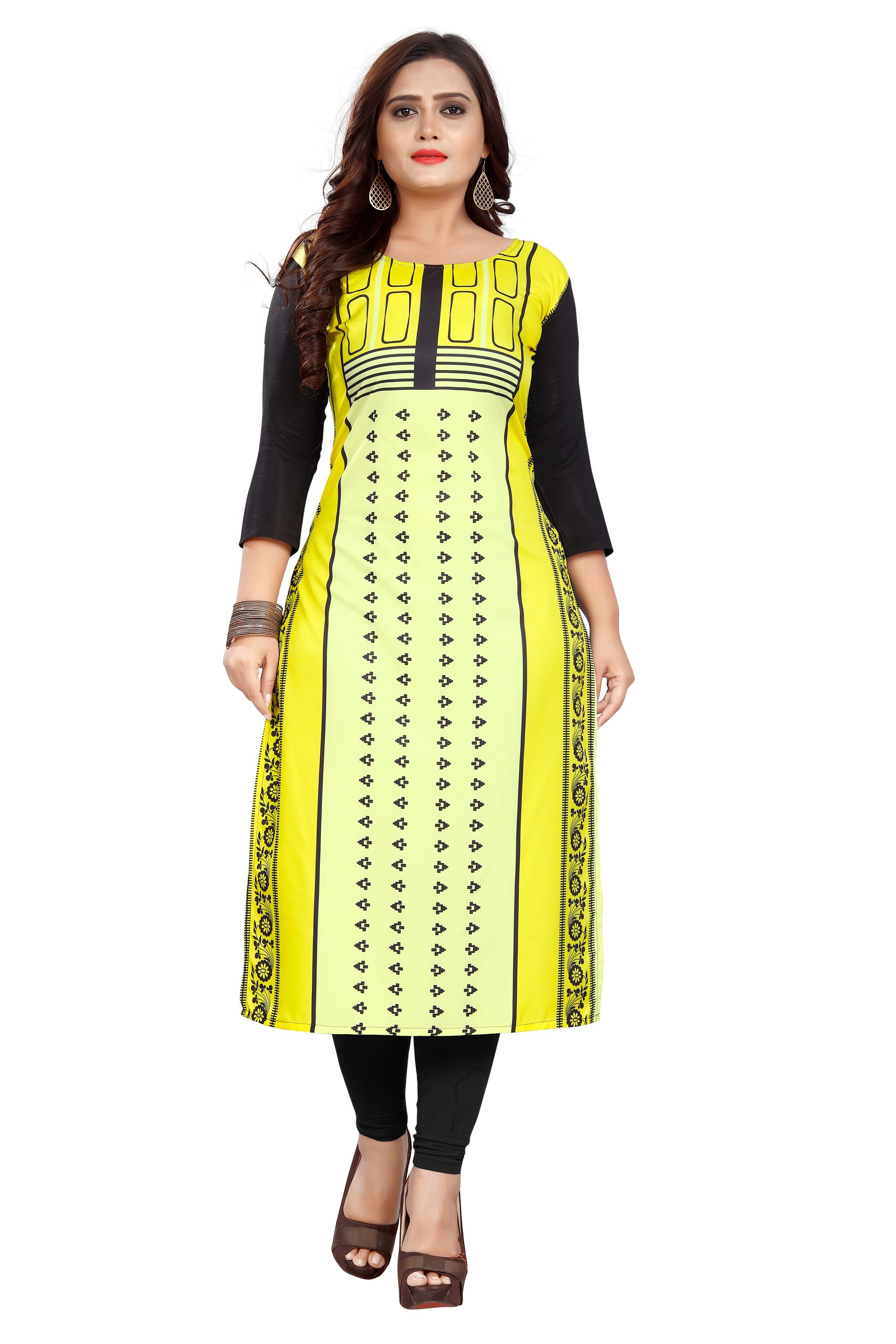 

GLOBON IMPEX Women Yellow Printed Straight Kurti
