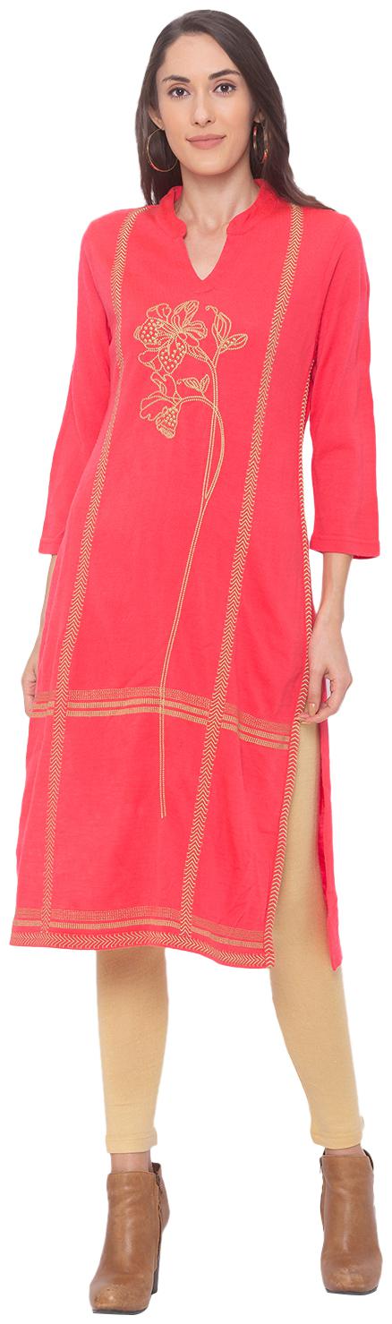 

Globus Women Peach Embroidered Straight Kurta