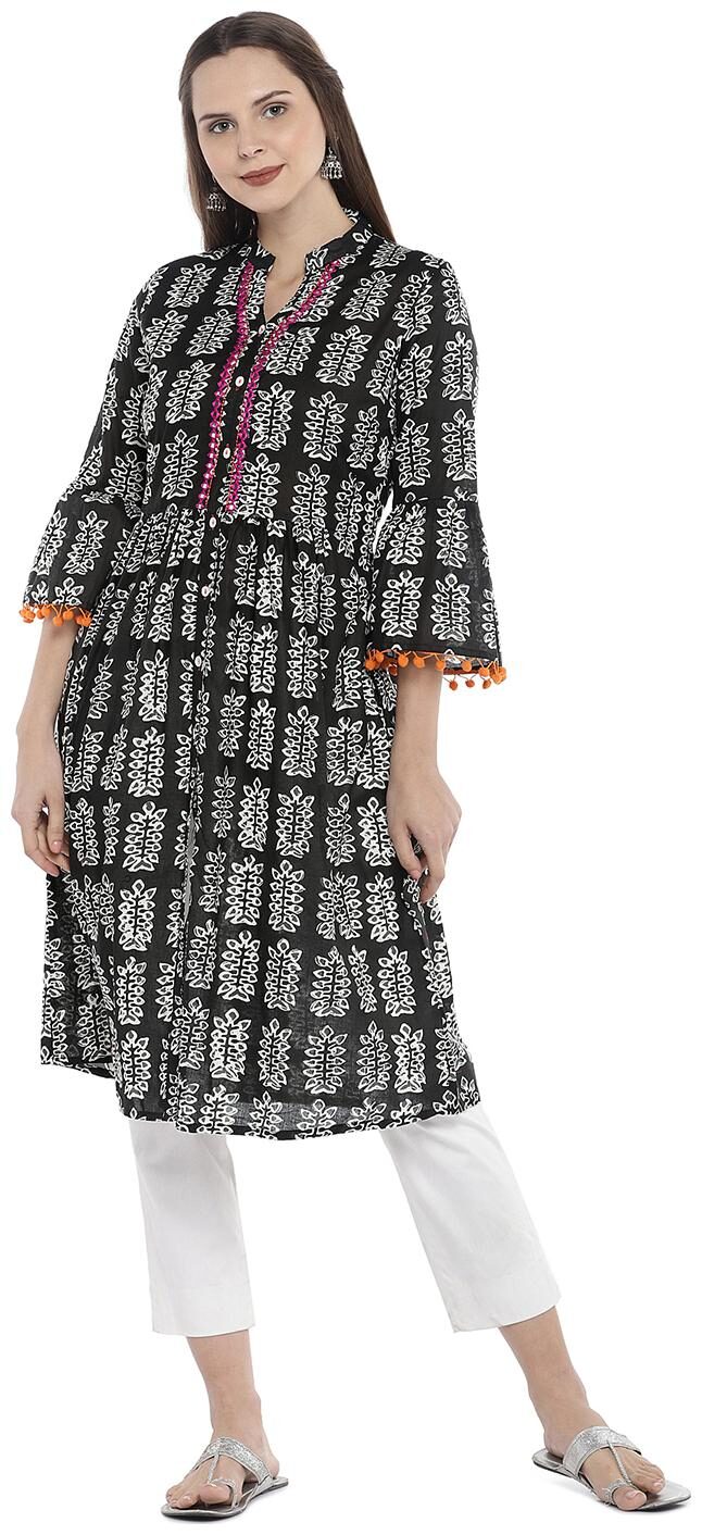 

Globus Black Off-White Printed A-Line Kurta