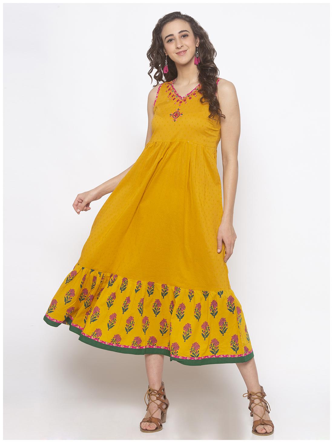 

Globus Yellow Embroidered A-line dress