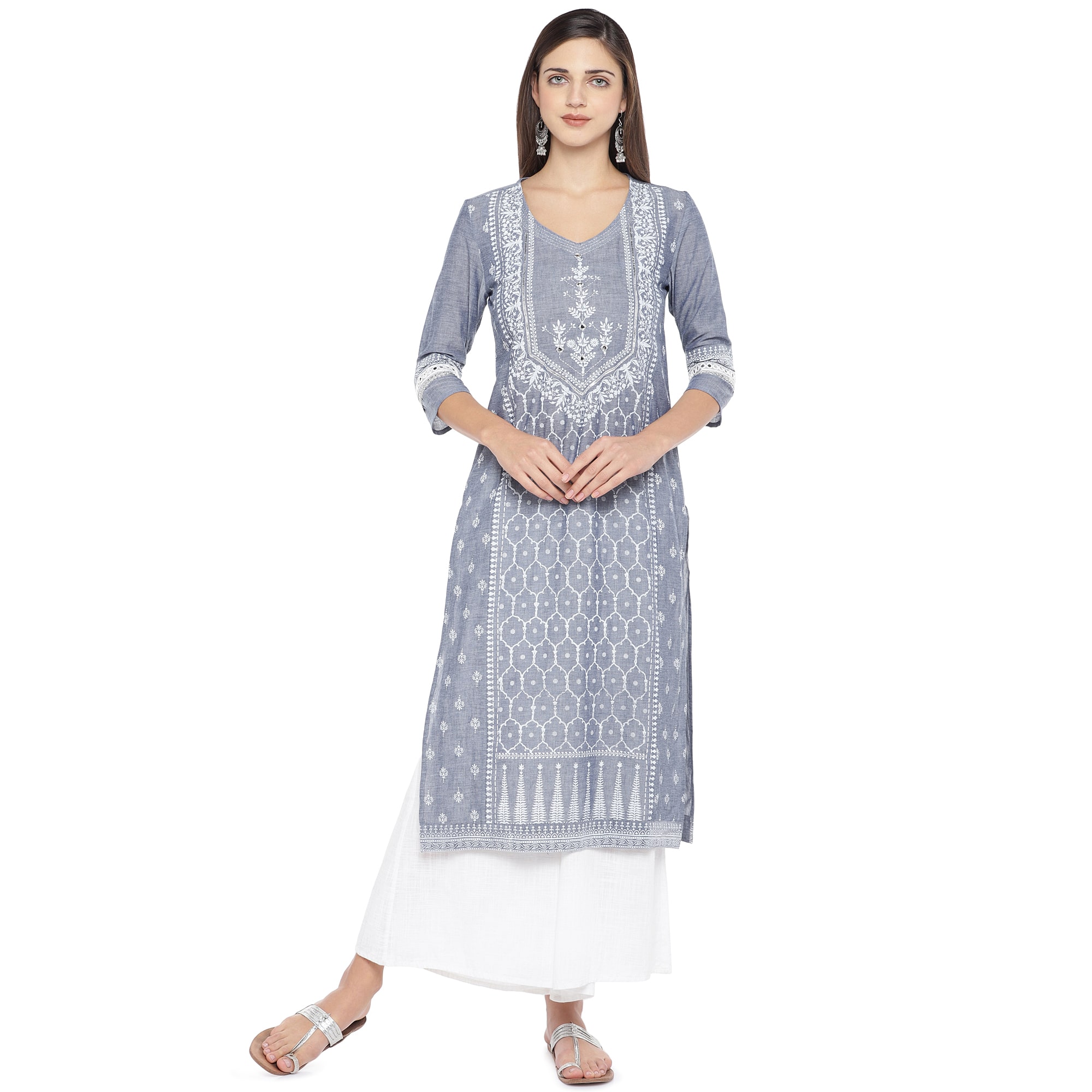 

Globus Women Grey Printed Straight Kurta