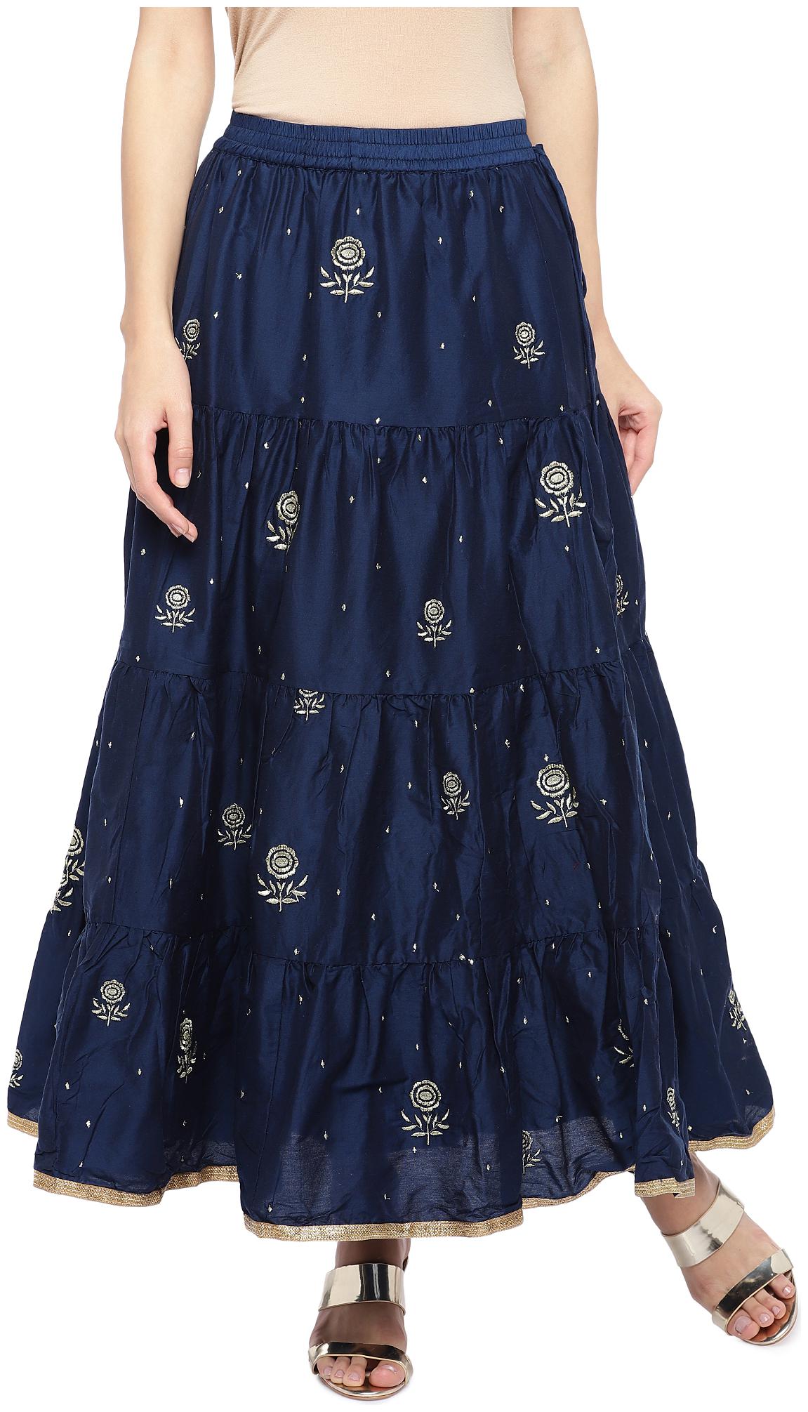 

Globus Cotton Embroidered Navy Blue Flared Skirt For Women