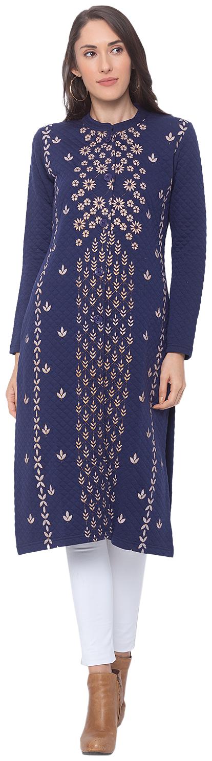 

Globus Women Navy Blue Embroidered Straight Kurta