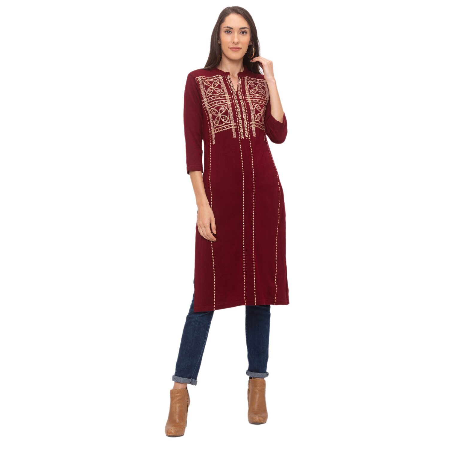 

Globus Women Maroon Printed Straight Kurta