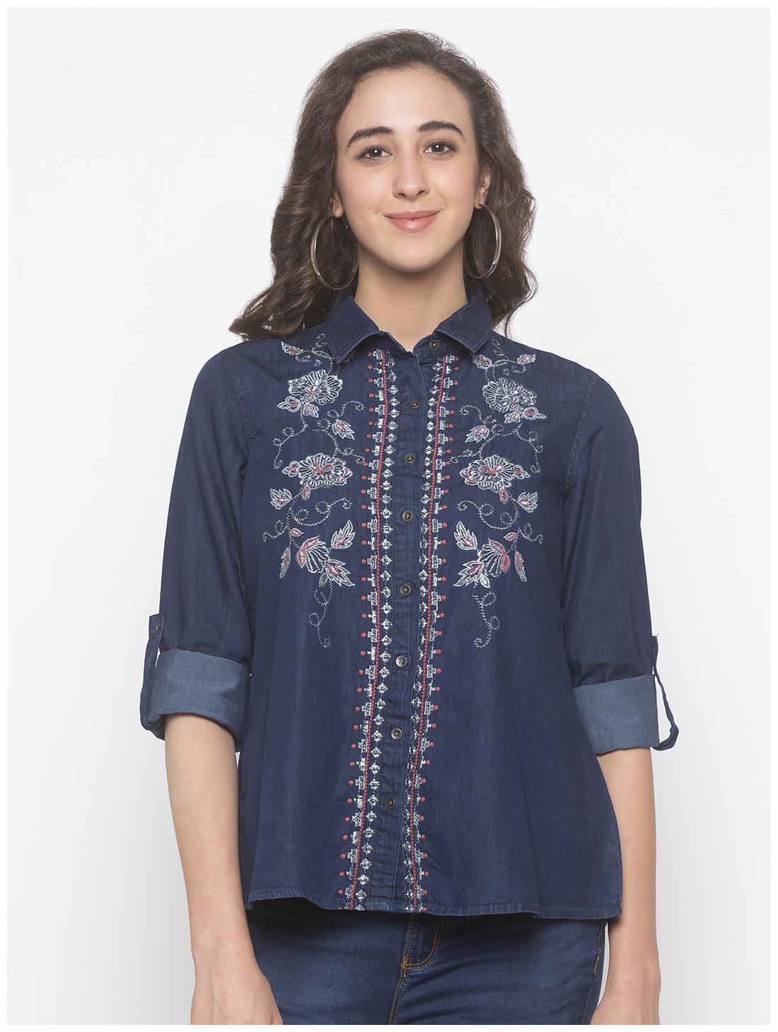 

Globus Women Navy Blue Embroidered Regular Fit Shirt