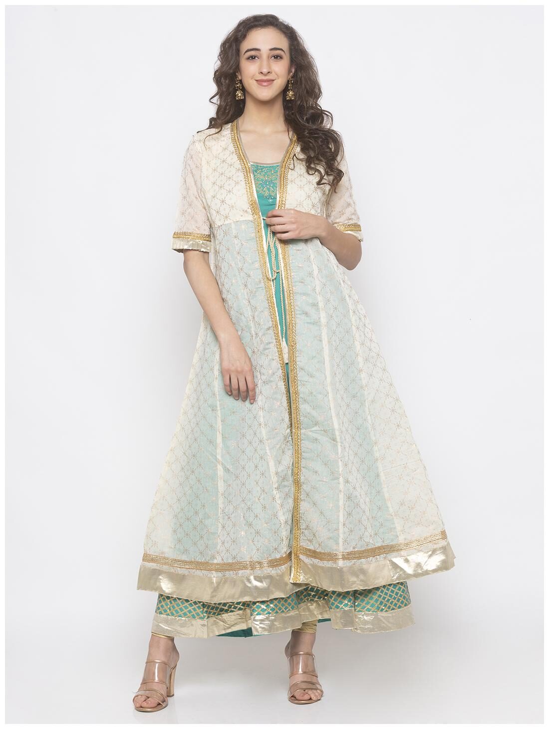 

Globus Cotton Embroidered Stitched Suits White Color Kurta With Shrug With Churidar for Women