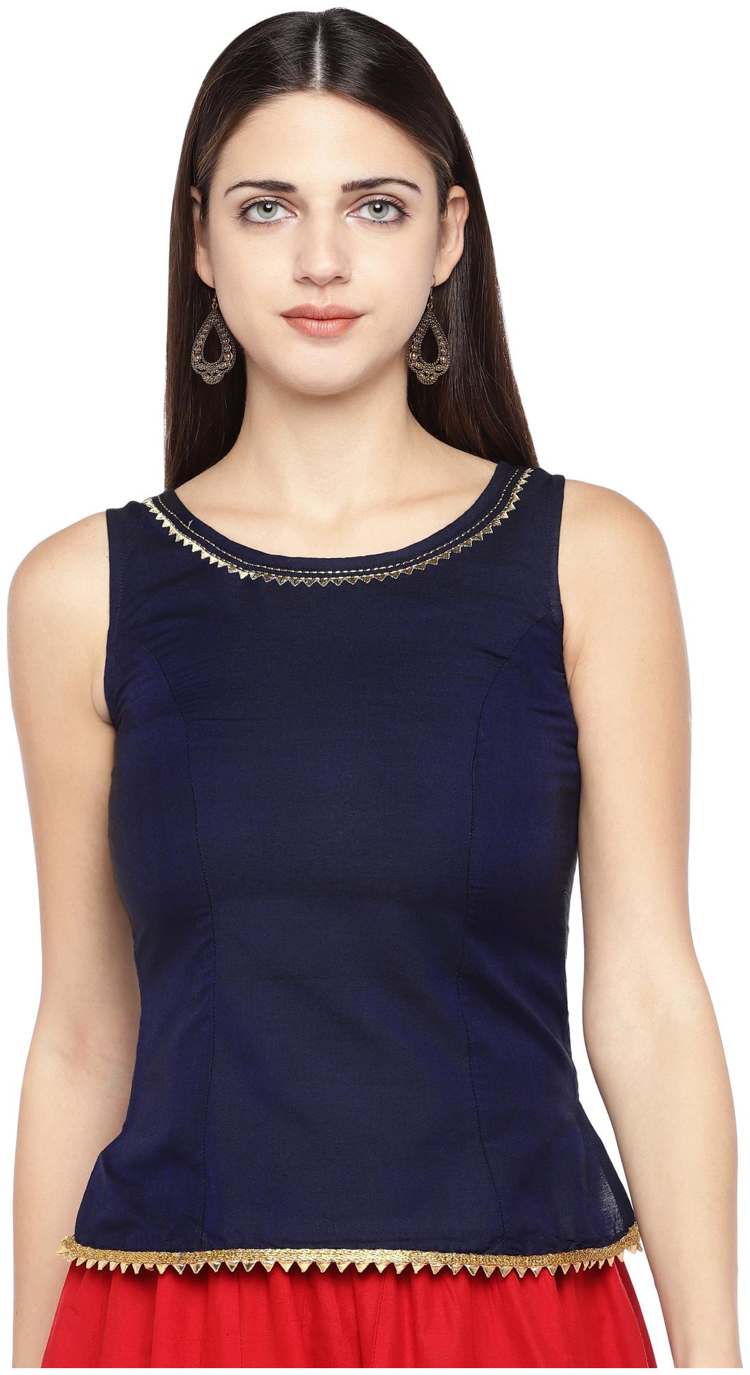 

Globus Cotton Solid Navy Blue Color Regular Top For Women