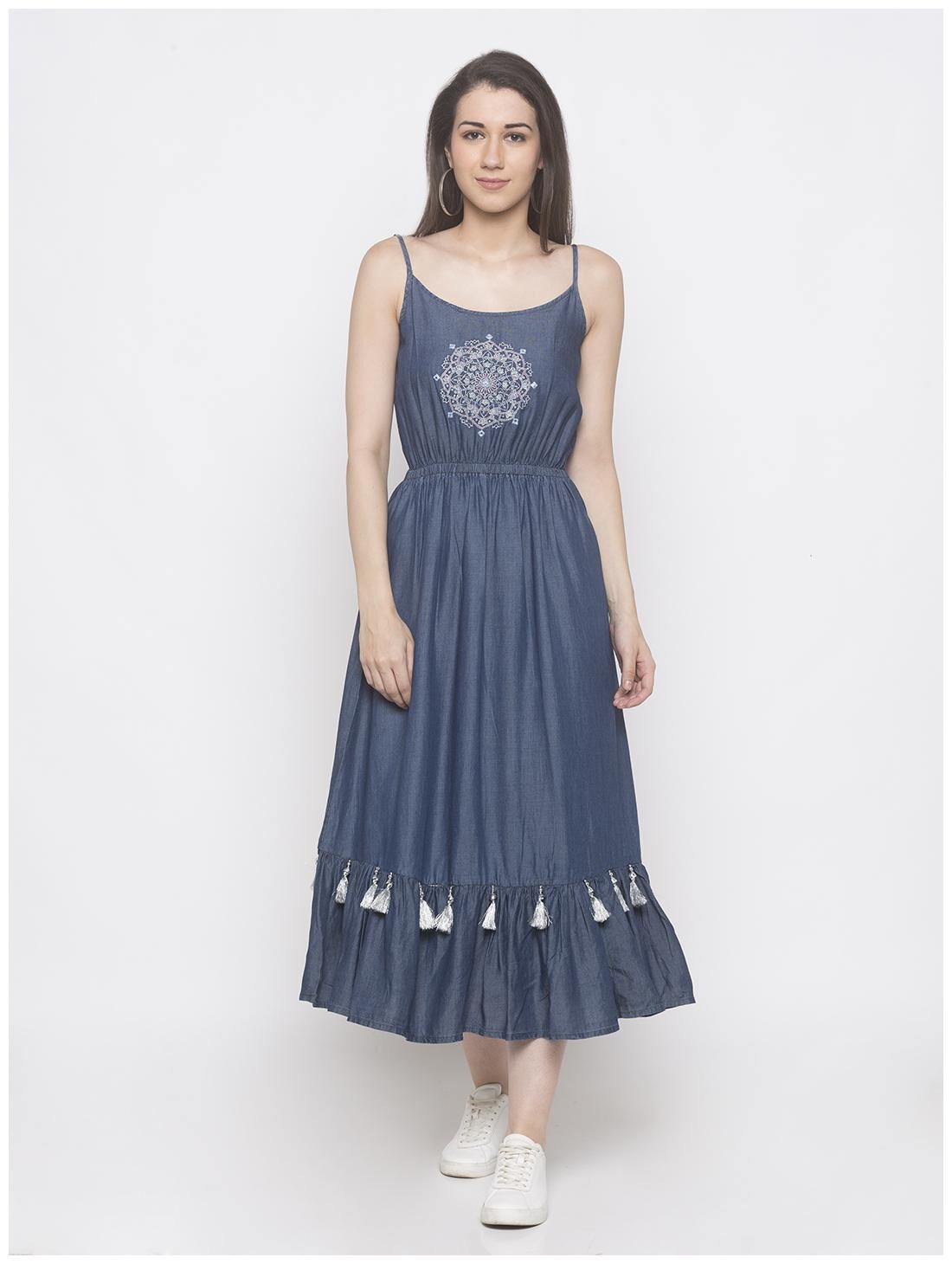 

Globus Cotton Embroidered Navy Blue Color Bodycon Dress For Women