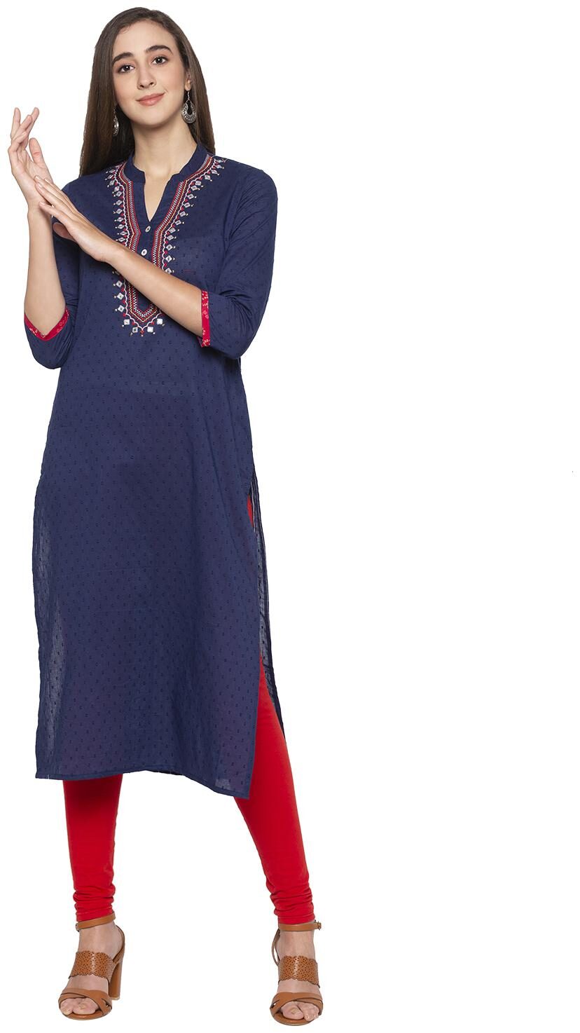 

Globus Women Navy Blue Embroidered Straight Kurta