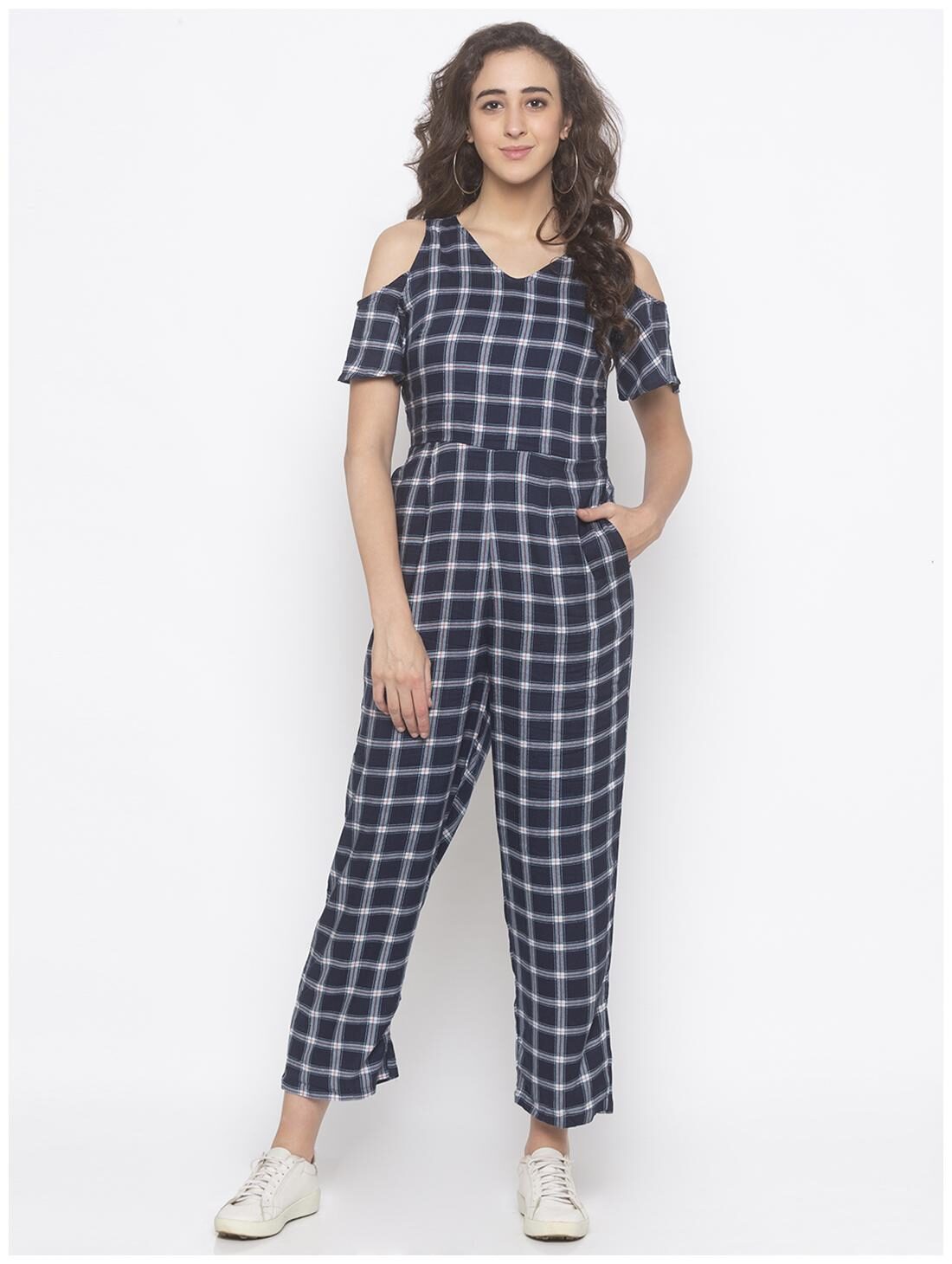 

Globus Cotton Checked Navy Blue Color Jumpsuit For Women