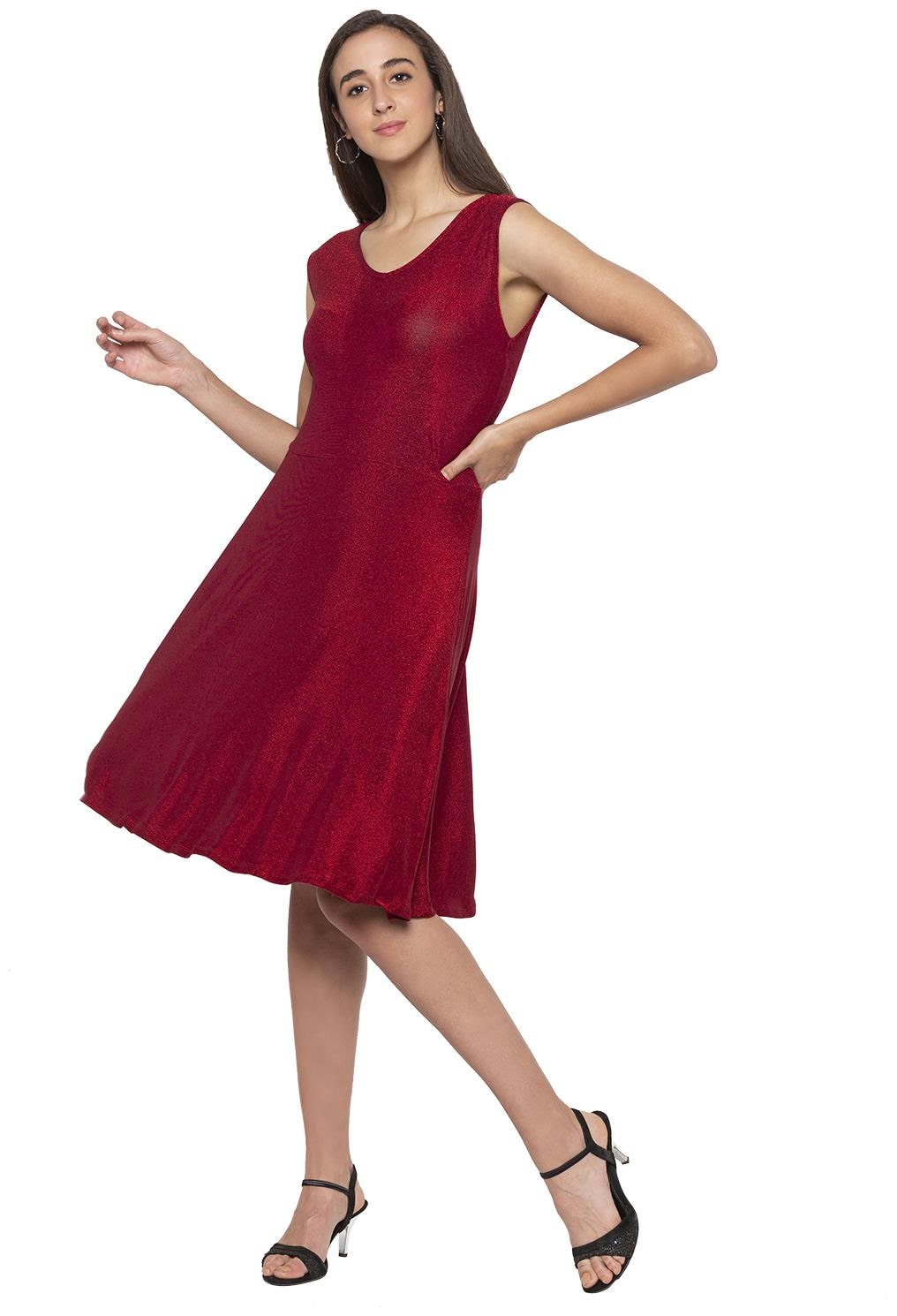 

Globus Cotton Solid Red Color A Line Dress For Women