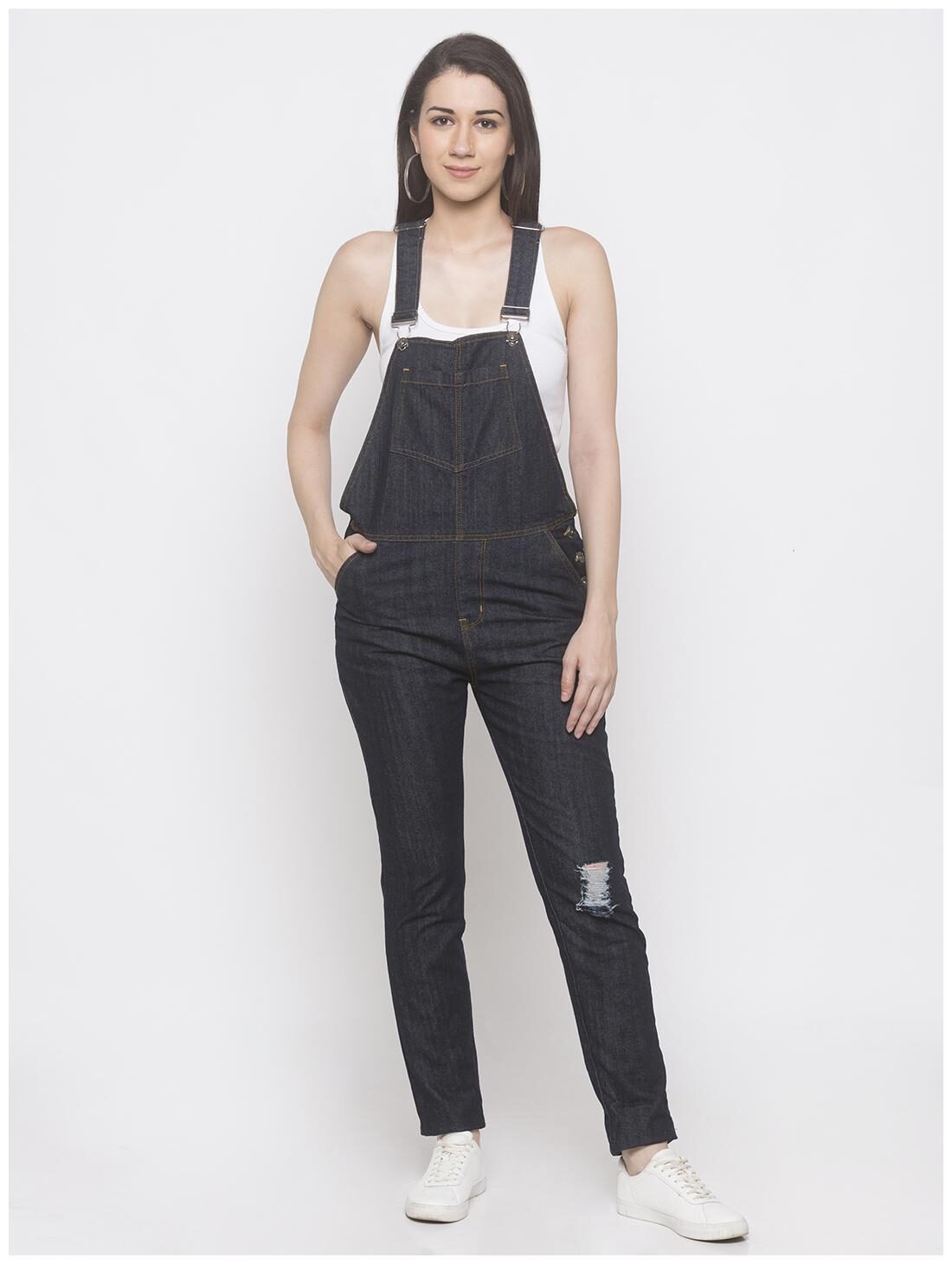 

Globus Cotton Solid Navy Blue Color Dungaree For Women