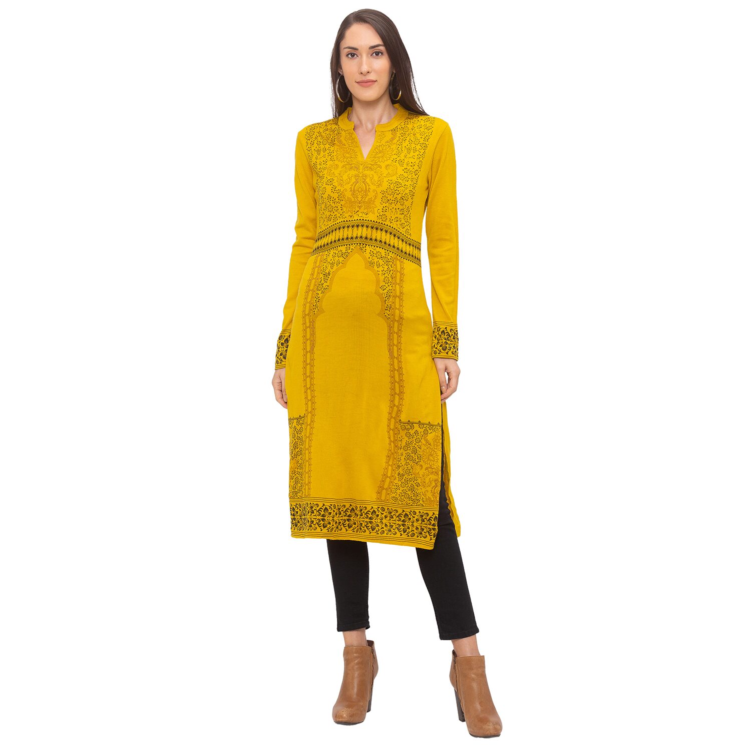 

Globus Women Yellow Printed Straight Kurta