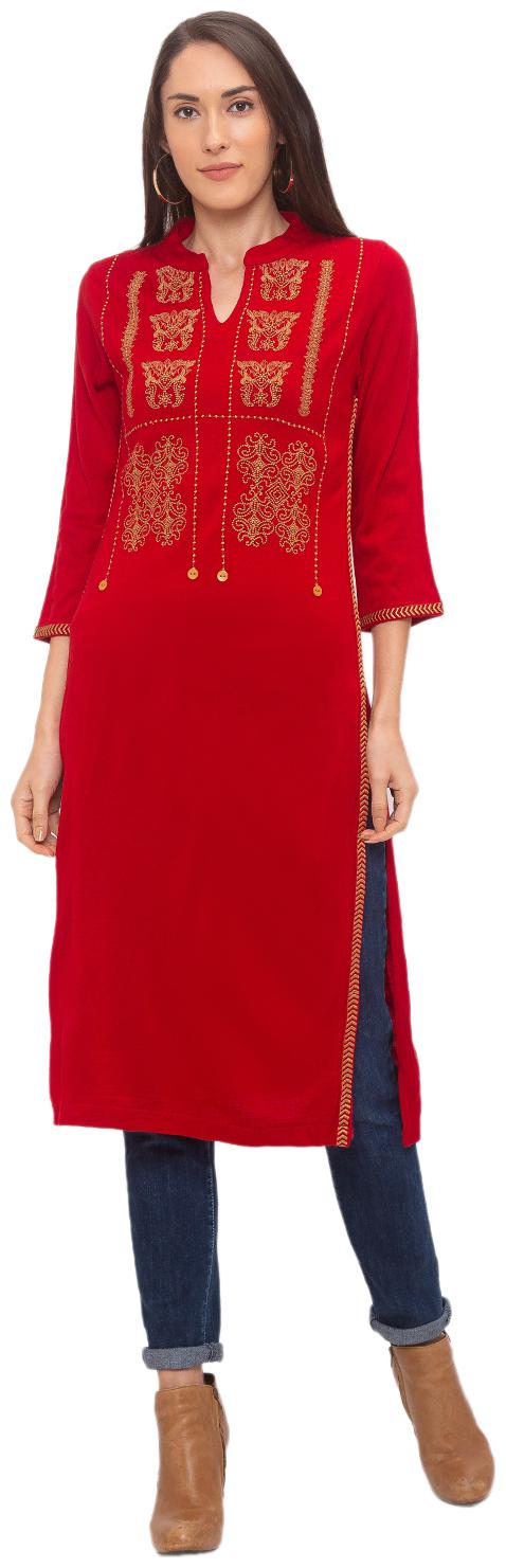 

Globus Women Red Embroidered Straight Kurta