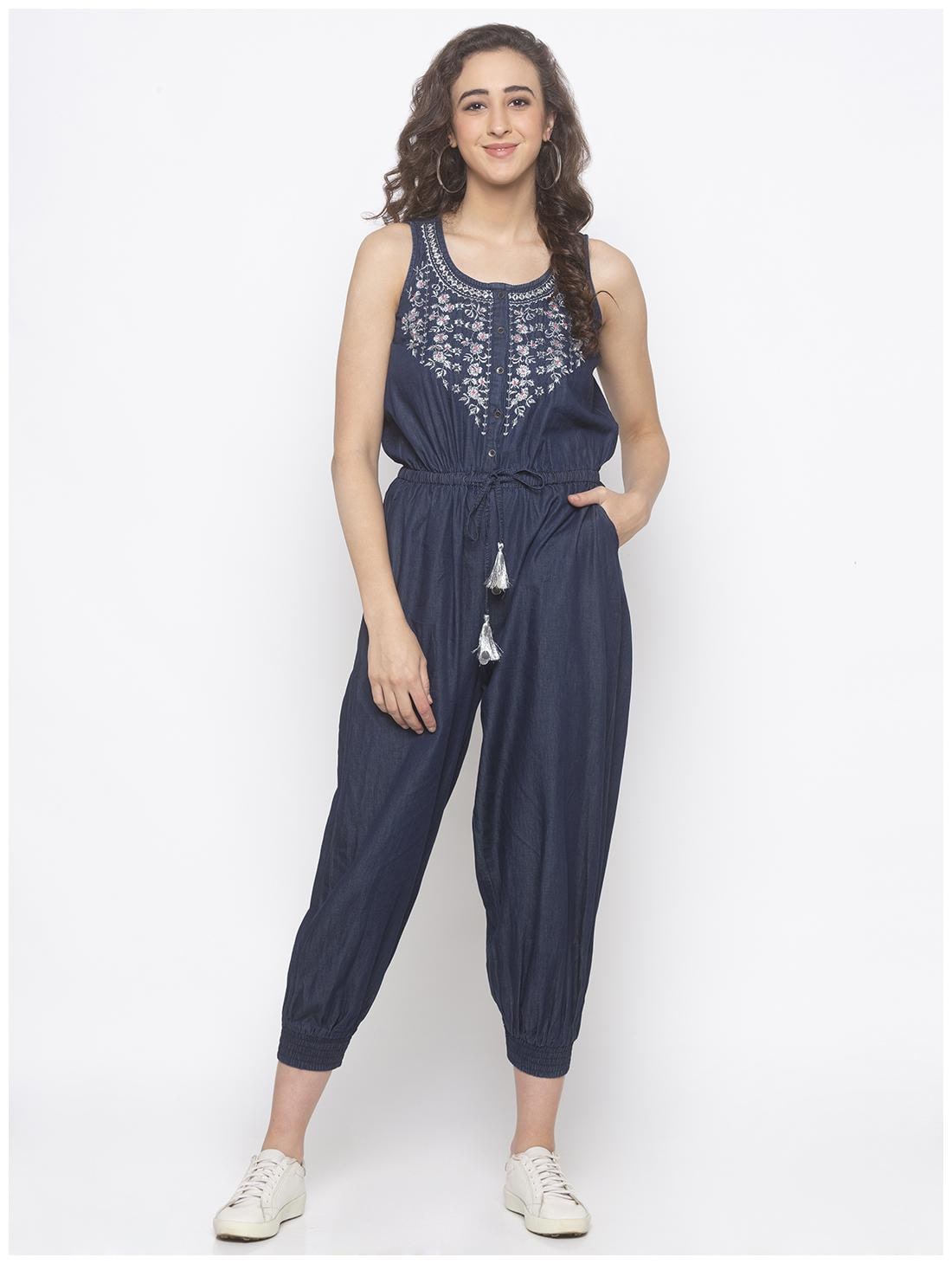 

Globus Cotton Printed Navy Blue Color Jumpsuit For Women