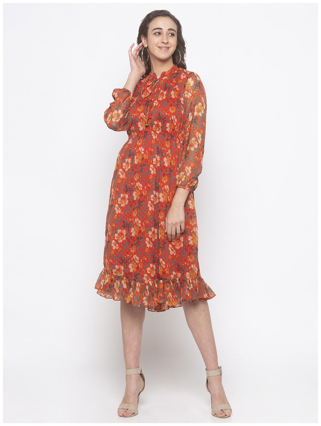 

Globus Cotton Floral Orange Color A Line Dress For Women