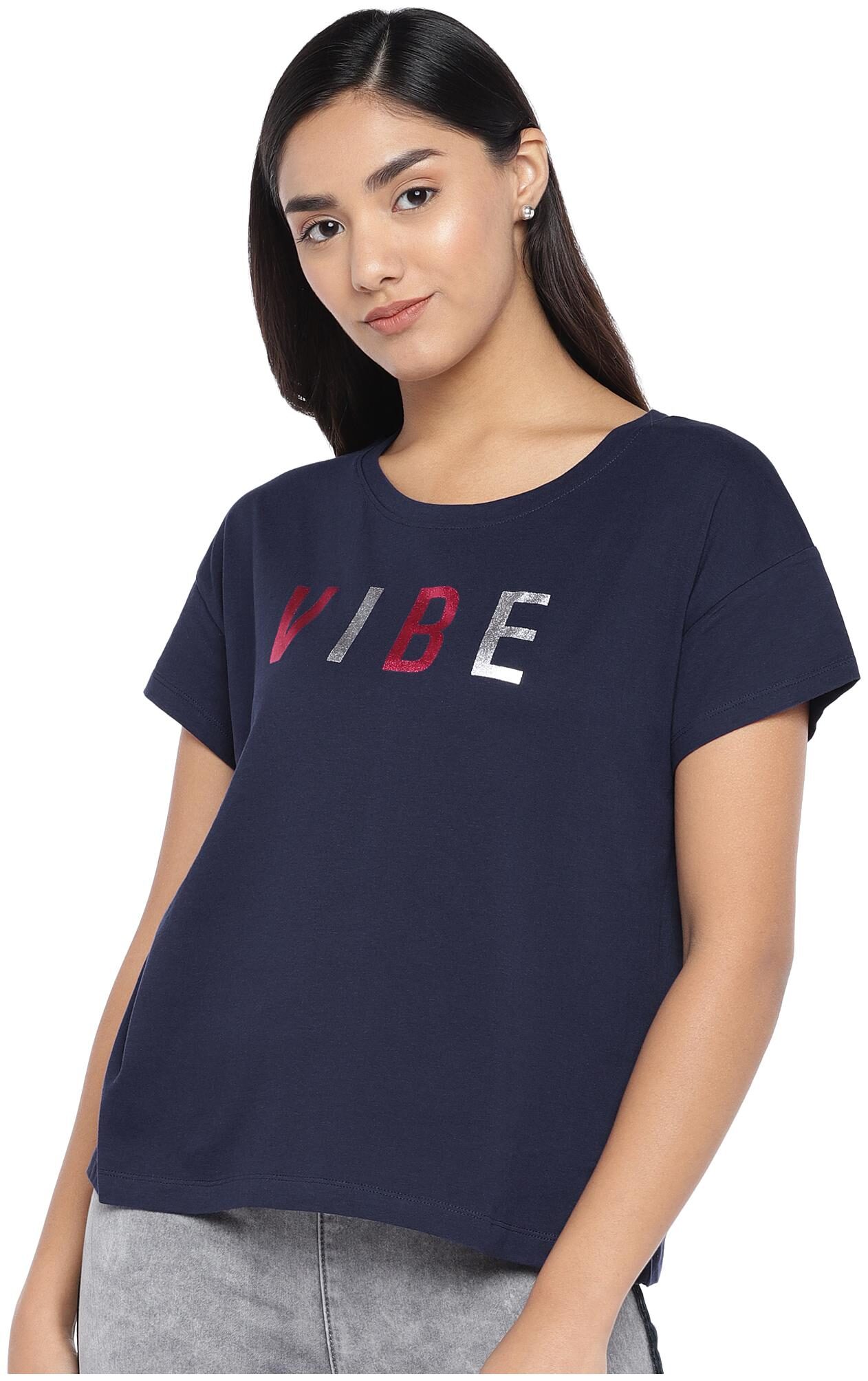 

Globus Cotton Printed Navy Blue Color T Shirt For Women