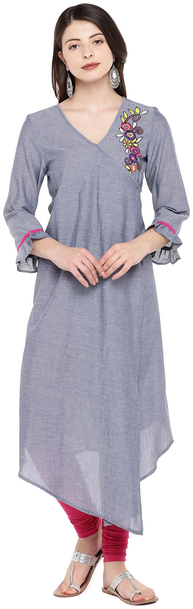 

Globus Cotton Solid Kurta Grey color