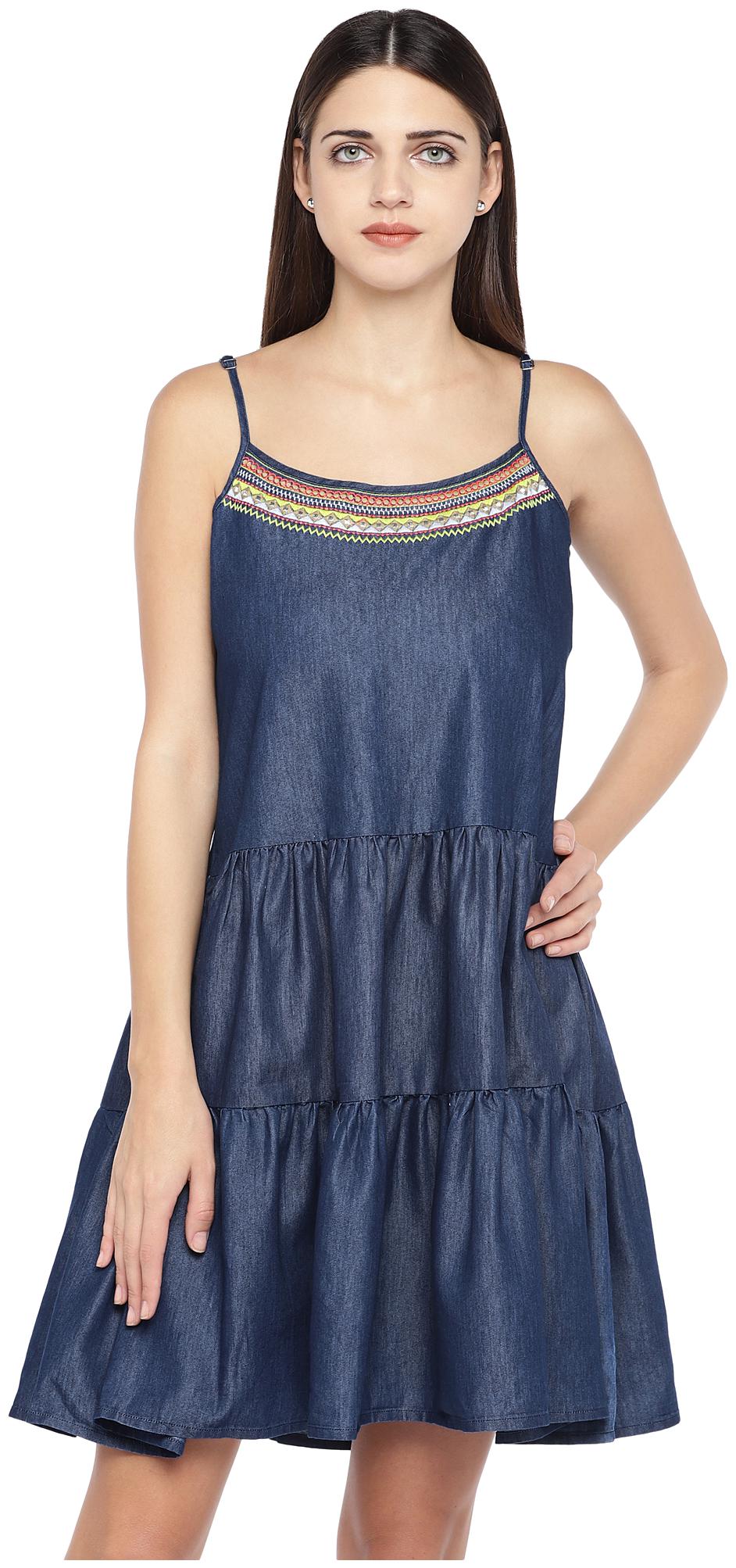 

Globus Cotton Solid Navy Blue Color Fit Flare Dress For Women